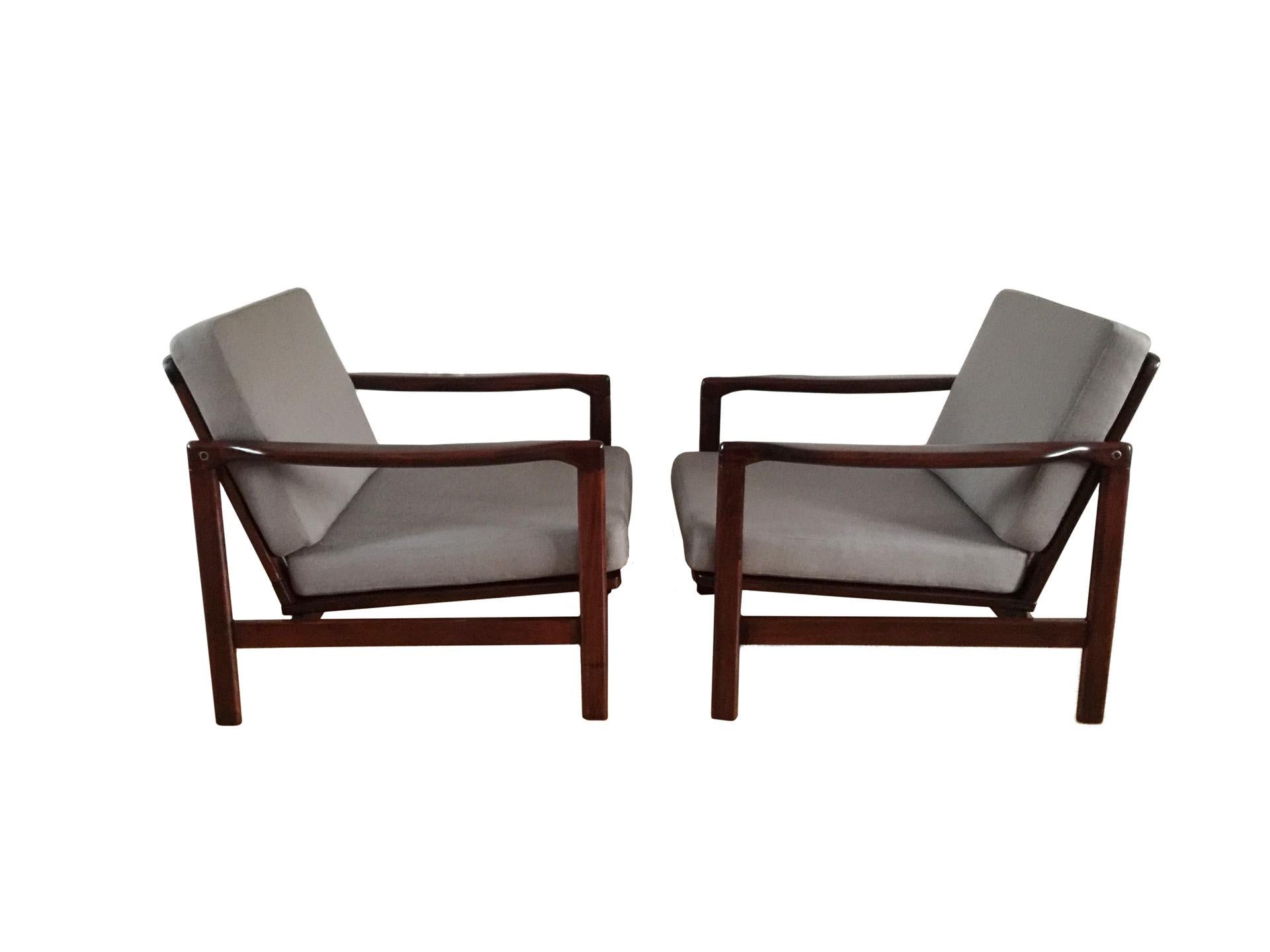 20th Century Midcentury Lounge Armchairs Set in Grey Linen, Zenon Bączyk, 1960s For Sale