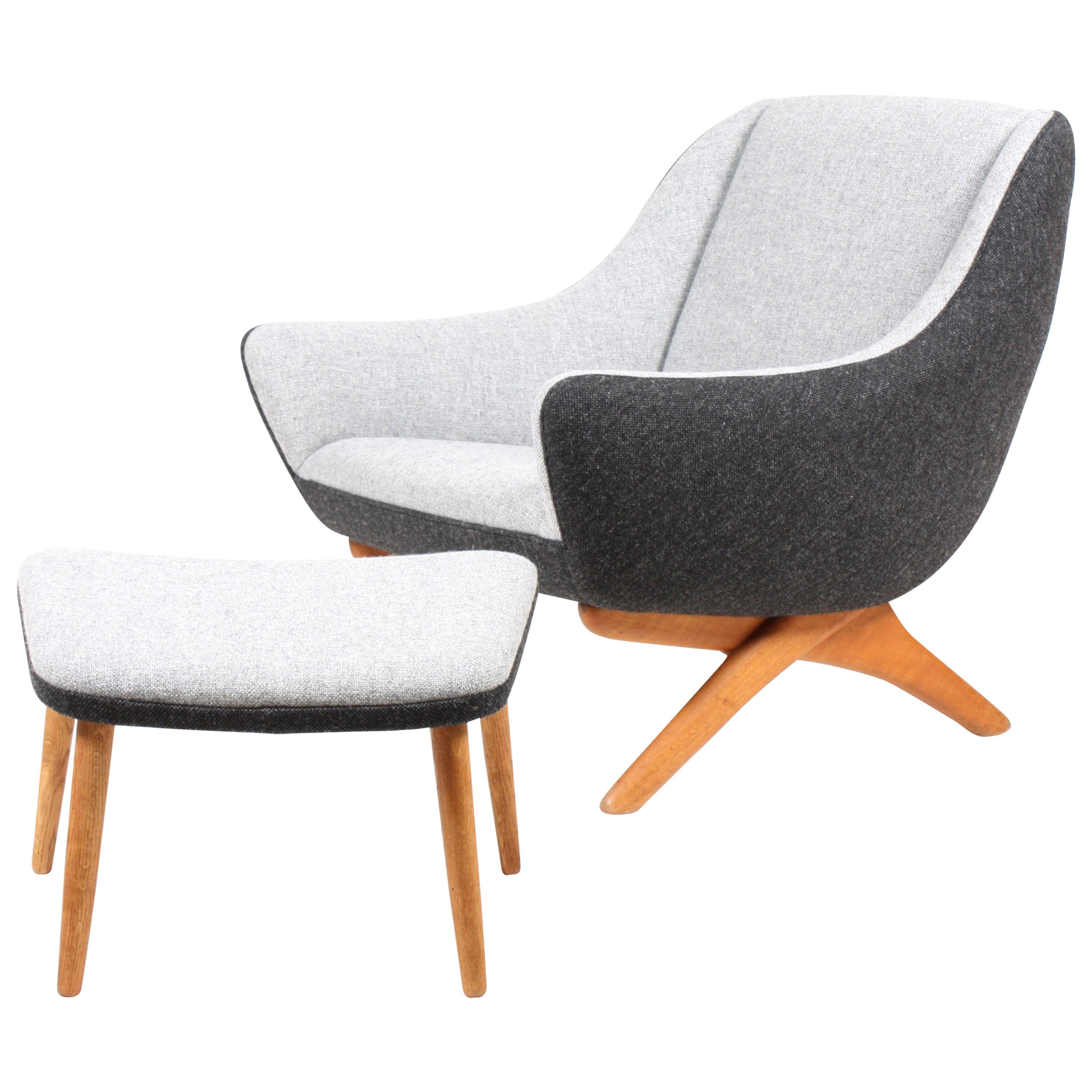 Midcentury Lounge Chair and Ottoman with New Kvadrat Fabric by Illum Willelsoe