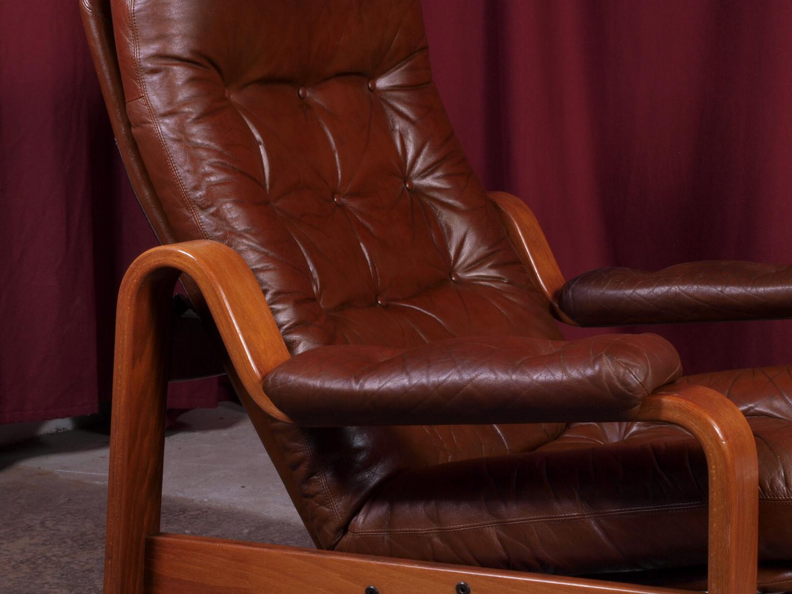 Metal Midcentury Lounge Chair in Darkstained Beechwood and Red Leather by Göte Möbler