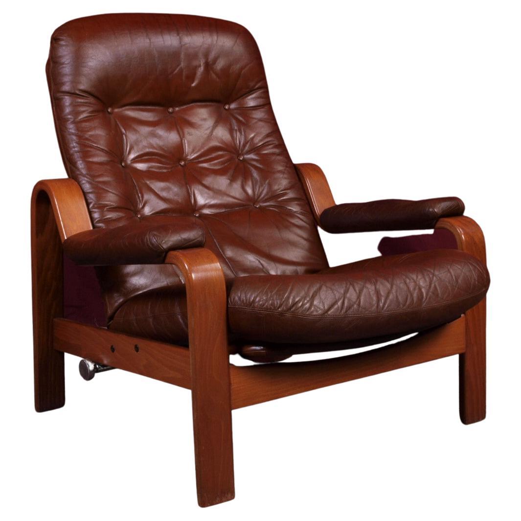 Midcentury Lounge Chair in Darkstained Beechwood and Red Leather by Göte Möbler