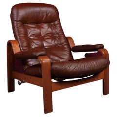 Midcentury Lounge Chair in Darkstained Beechwood and Red Leather by Göte Möbler