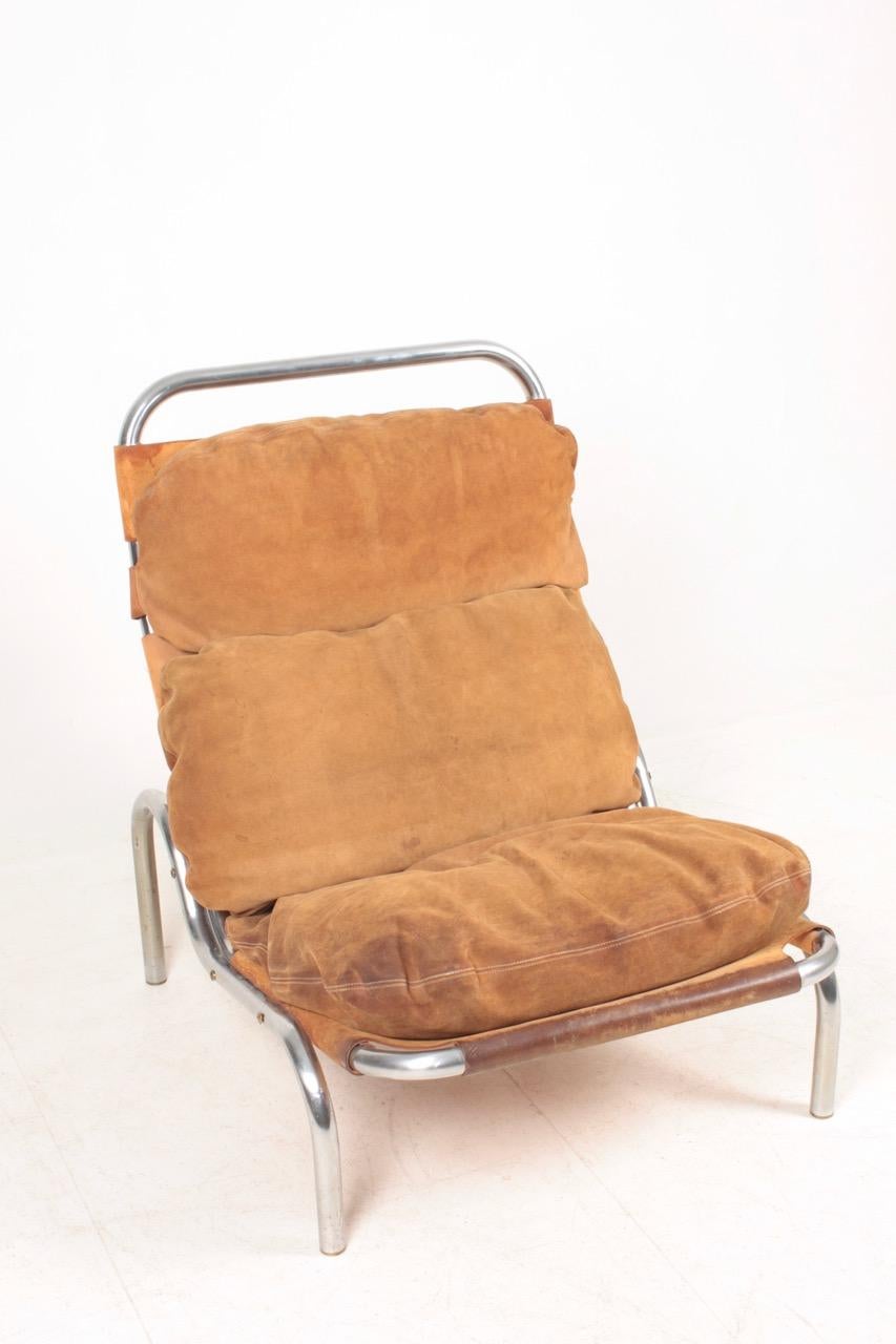 Midcentury Lounge Chair in Patinated Suede and Steel by Erik Jørgensen, 1960s For Sale 1