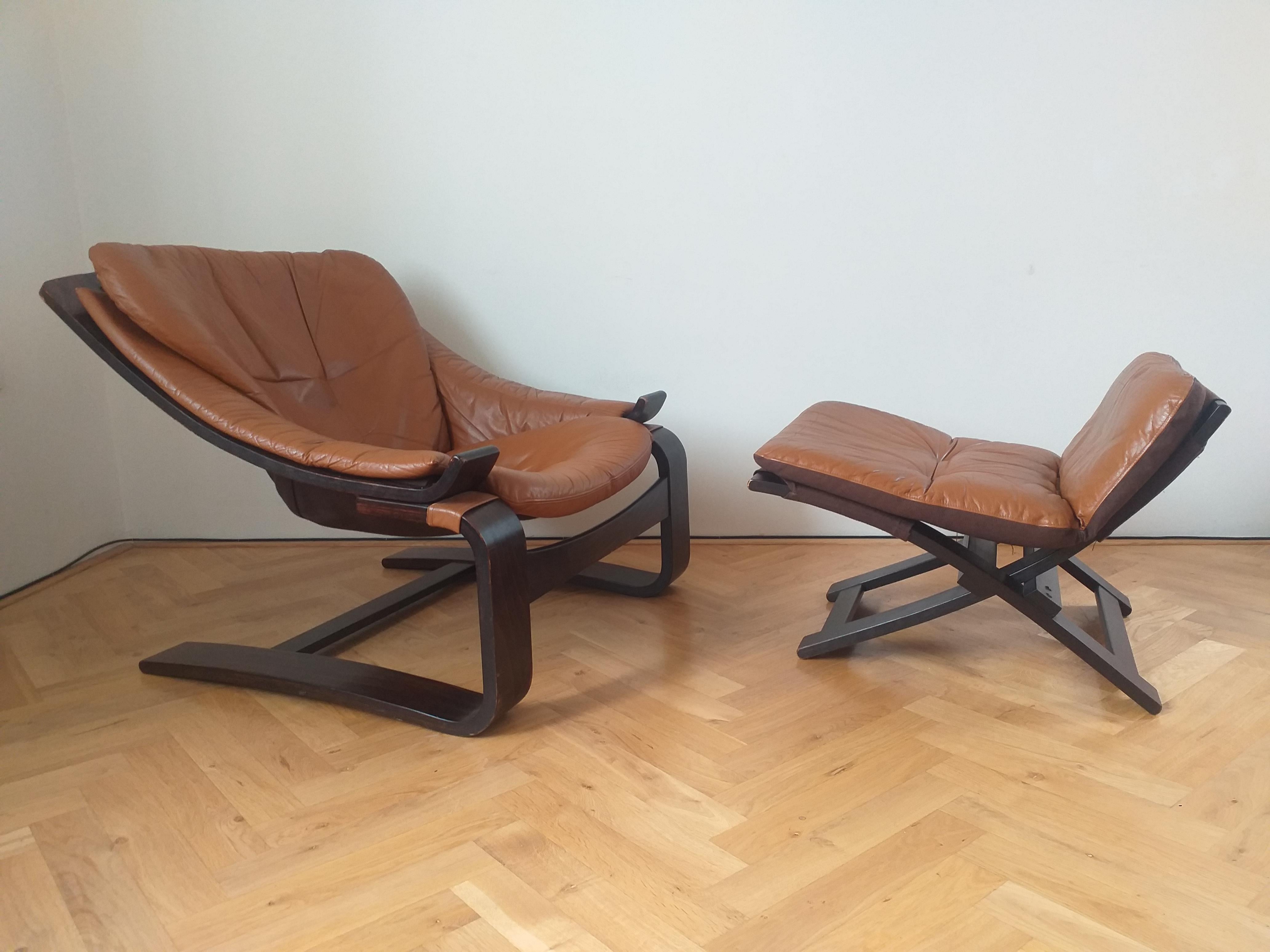 Midcentury Lounge Chair Kroken with Ottoman, Ake Fribytter, Nelo, Sweden, 1970s For Sale 4