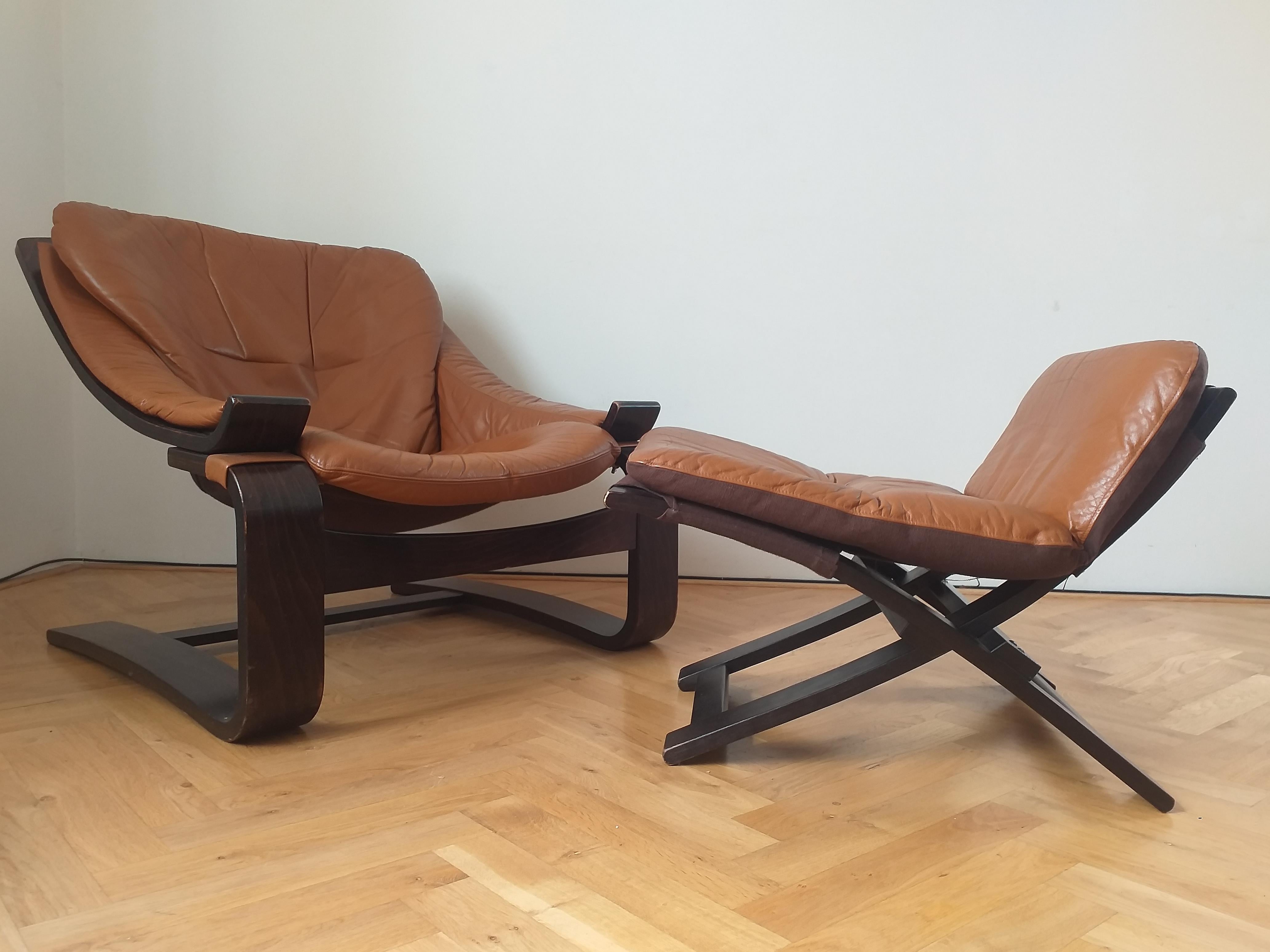 Mid-Century Modern Midcentury Lounge Chair Kroken with Ottoman, Ake Fribytter, Nelo, Sweden, 1970s For Sale