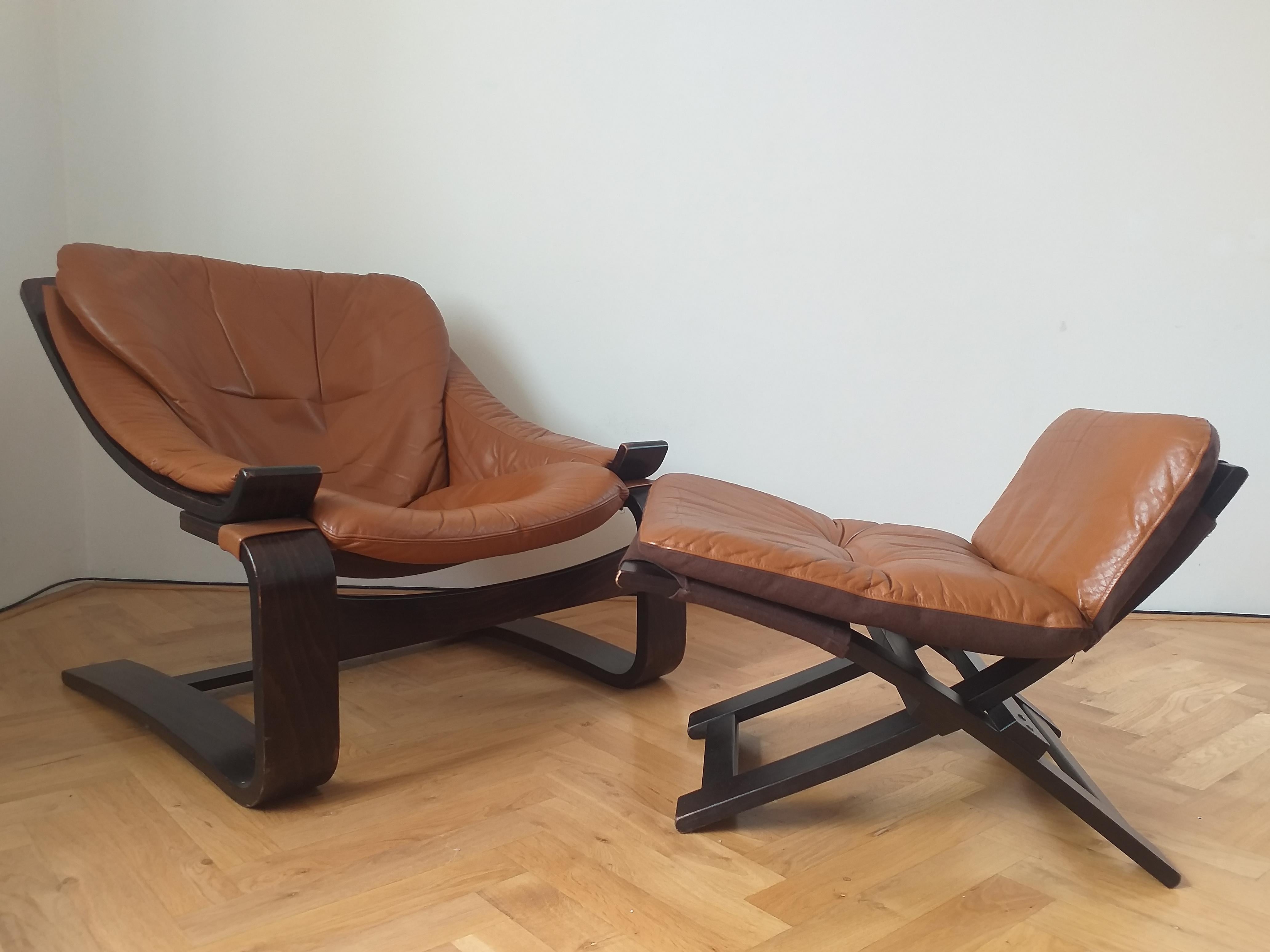 Swedish Midcentury Lounge Chair Kroken with Ottoman, Ake Fribytter, Nelo, Sweden, 1970s For Sale