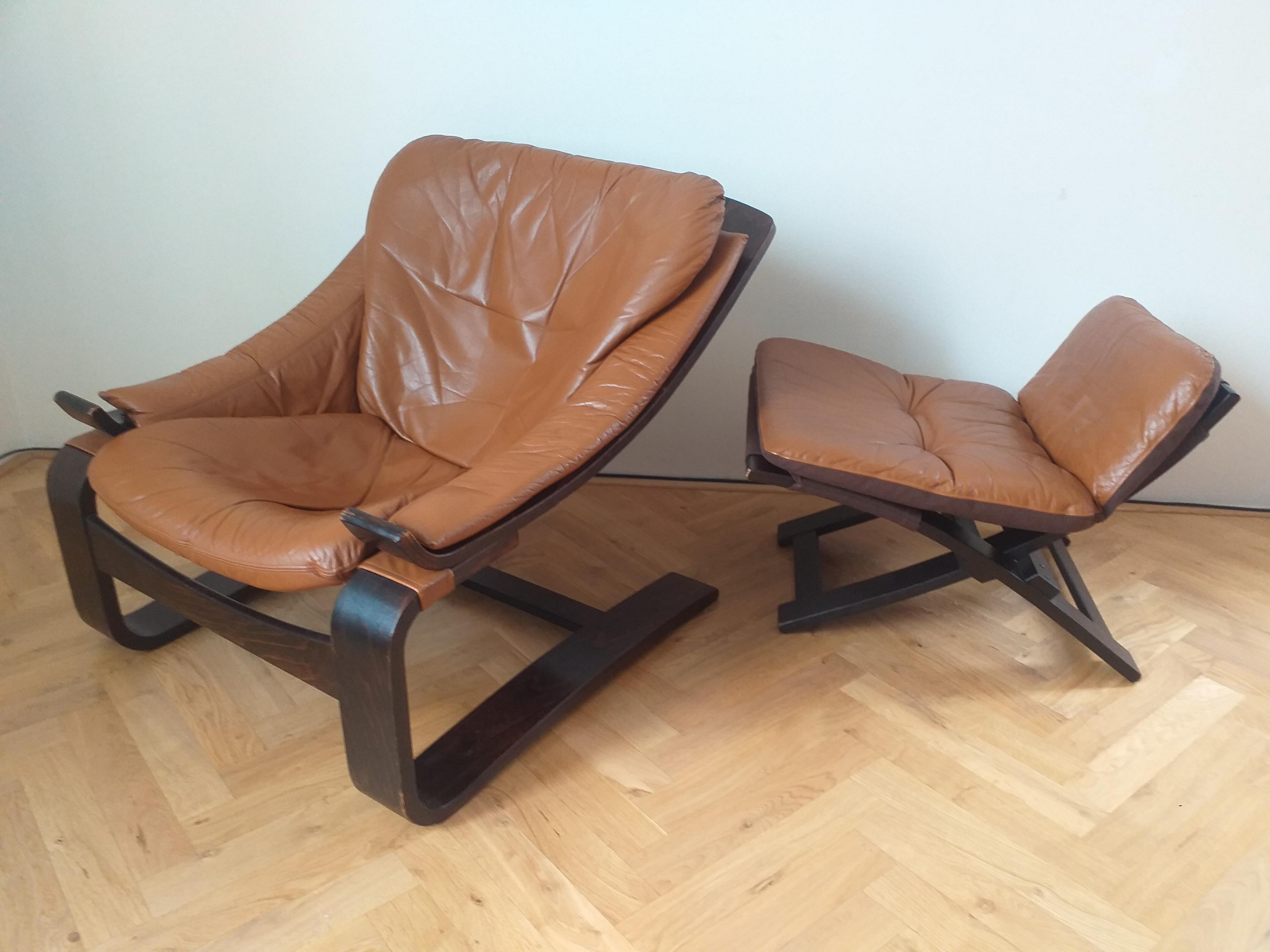 Leather Midcentury Lounge Chair Kroken with Ottoman, Ake Fribytter, Nelo, Sweden, 1970s For Sale