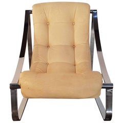 Midcentury Lounge Chair with Chrome Metal Covered in Cream Color Faux-Leather