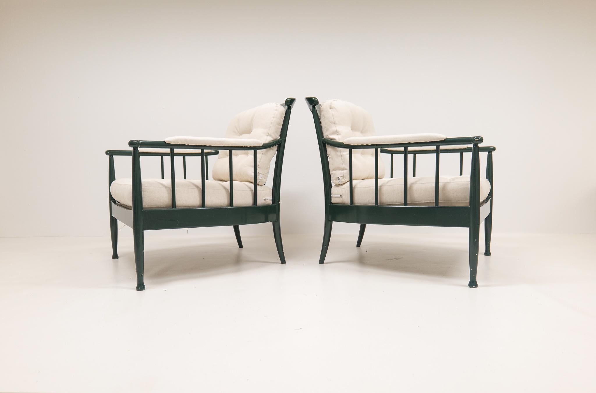 A pair of lounge chairs Designed by Kerstin Hörlin-Homqvist during the 1967 in Sweden and produced at OPE (Olof Persson Fåtöljindustri) high quality furniture’s. Green original lacquer color with some wear, but it is a nice looking green that works