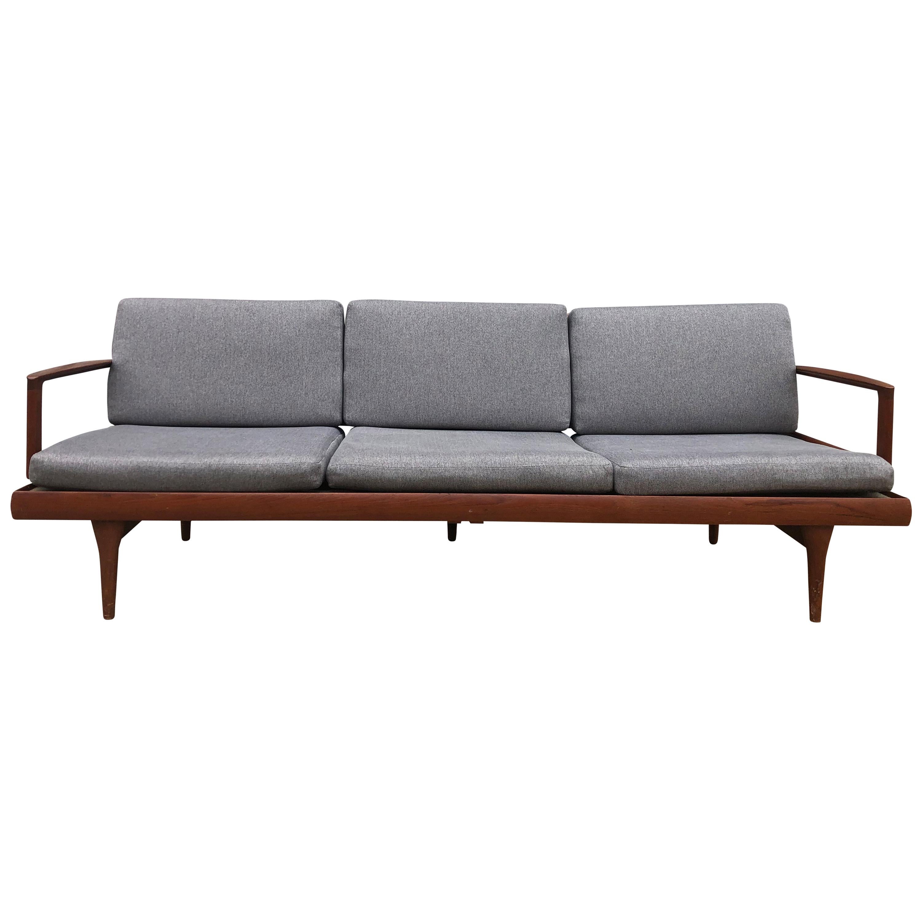 Midcentury Low Danish Modern 3-Seat Sofa Couch Daybed Solid Teak Grey Fabric