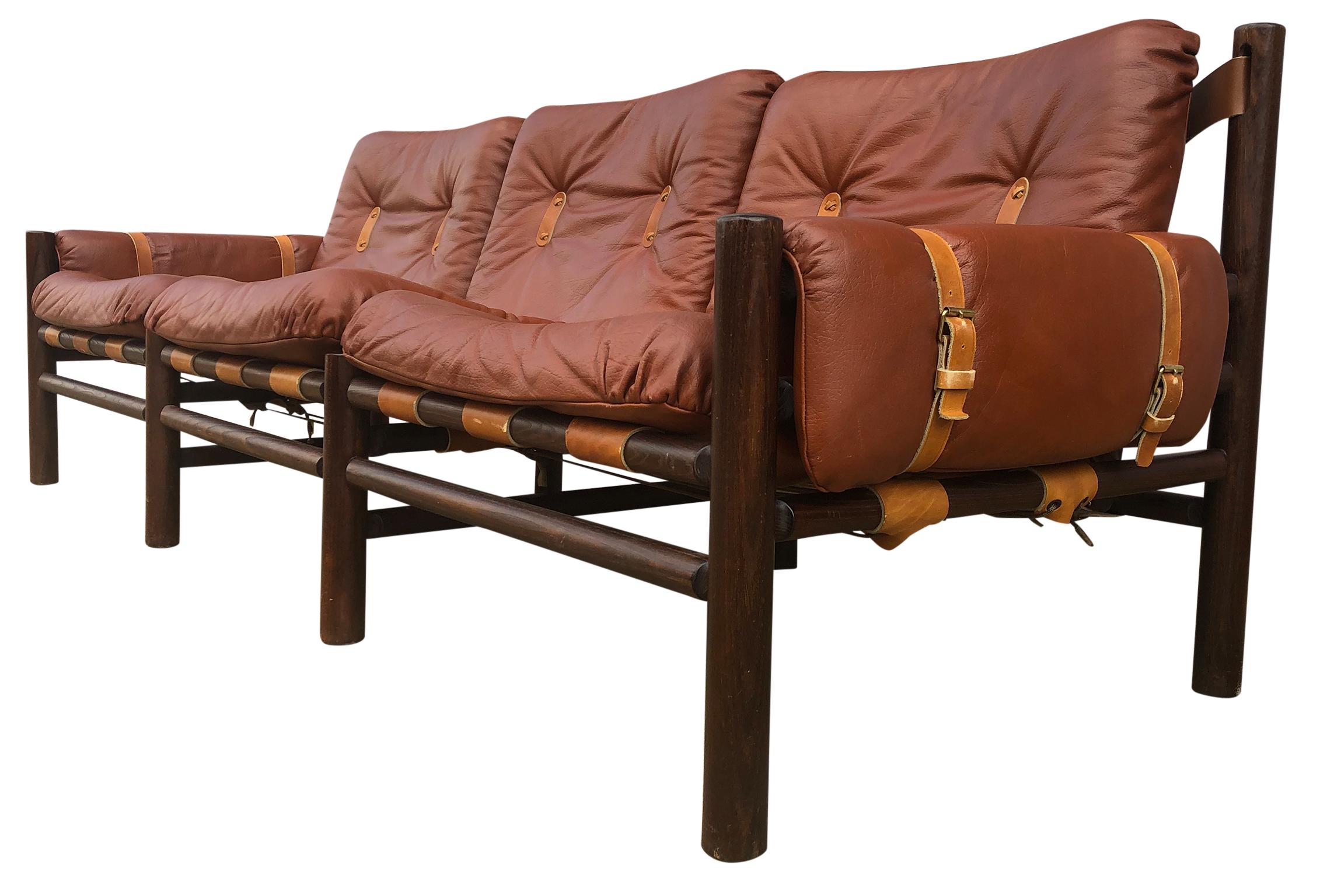 Mid-Century Modern Midcentury Low Sling Leather Safari Sofa and Lounge Chair by Bruksbo, Norway