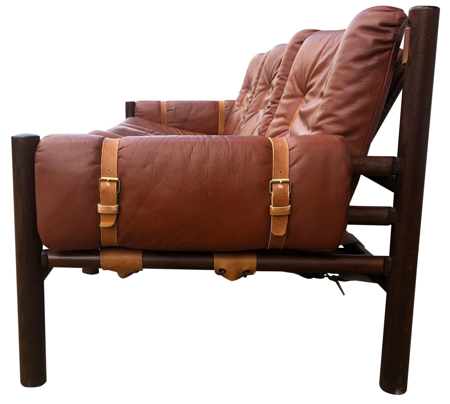 Norwegian Midcentury Low Sling Leather Safari Sofa and Lounge Chair by Bruksbo, Norway