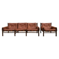 Midcentury Low Sling Leather Safari Sofa and Lounge Chair by Bruksbo, Norway