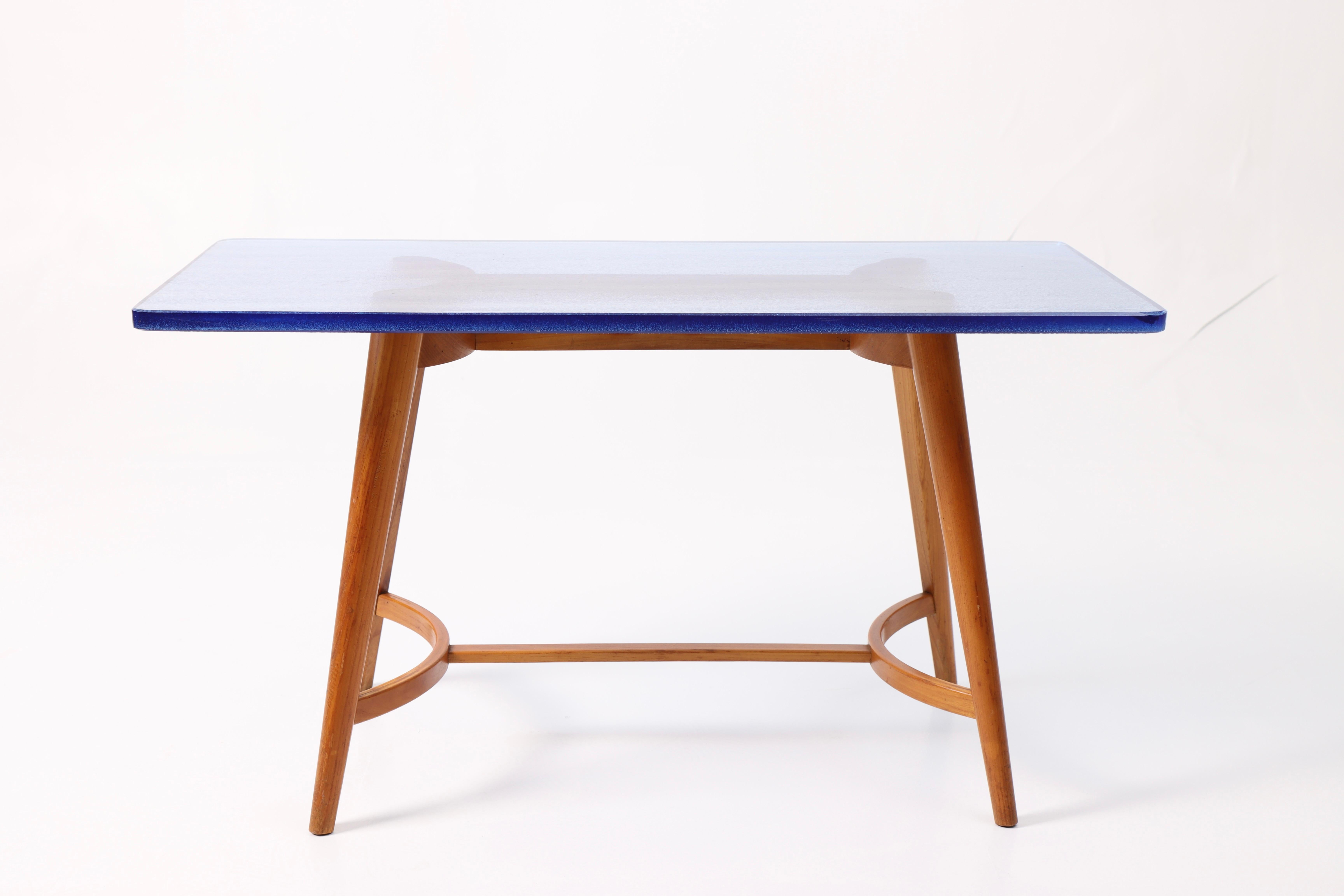 Low table in elm and blue glass. Designed and made in Denmark. Great original condition.