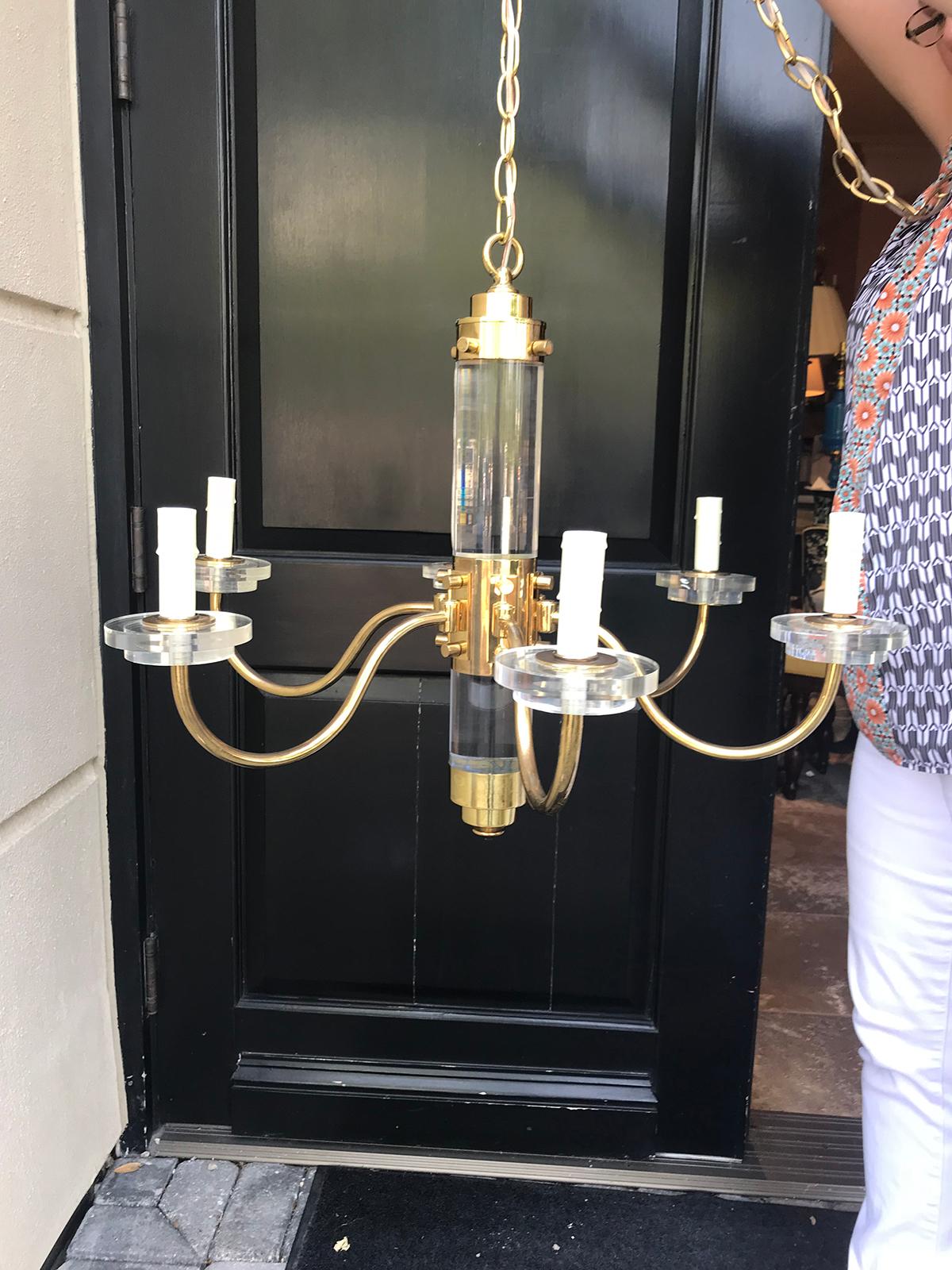 Mid-20th Century Lucite and Brass Chandelier, Signed Fredrick Cooper  In Good Condition In Atlanta, GA