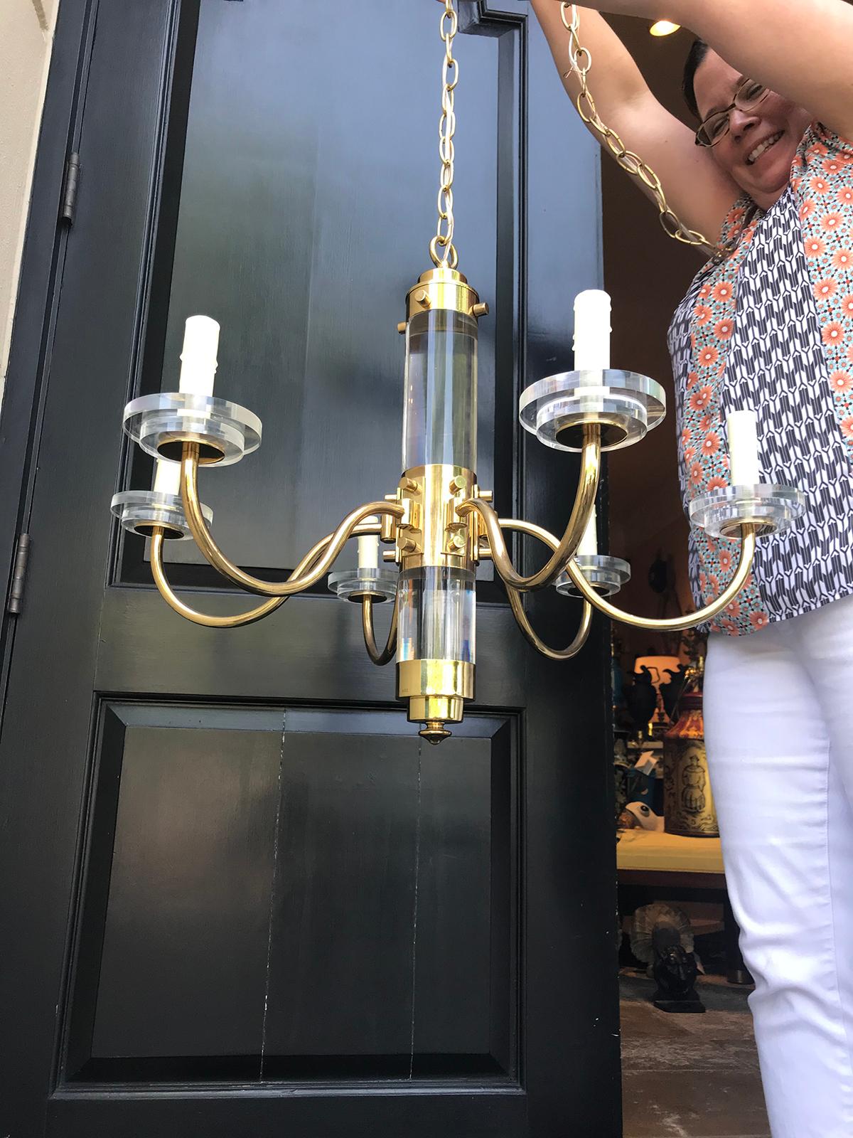 Mid-20th Century Lucite and Brass Chandelier, Signed Fredrick Cooper  1