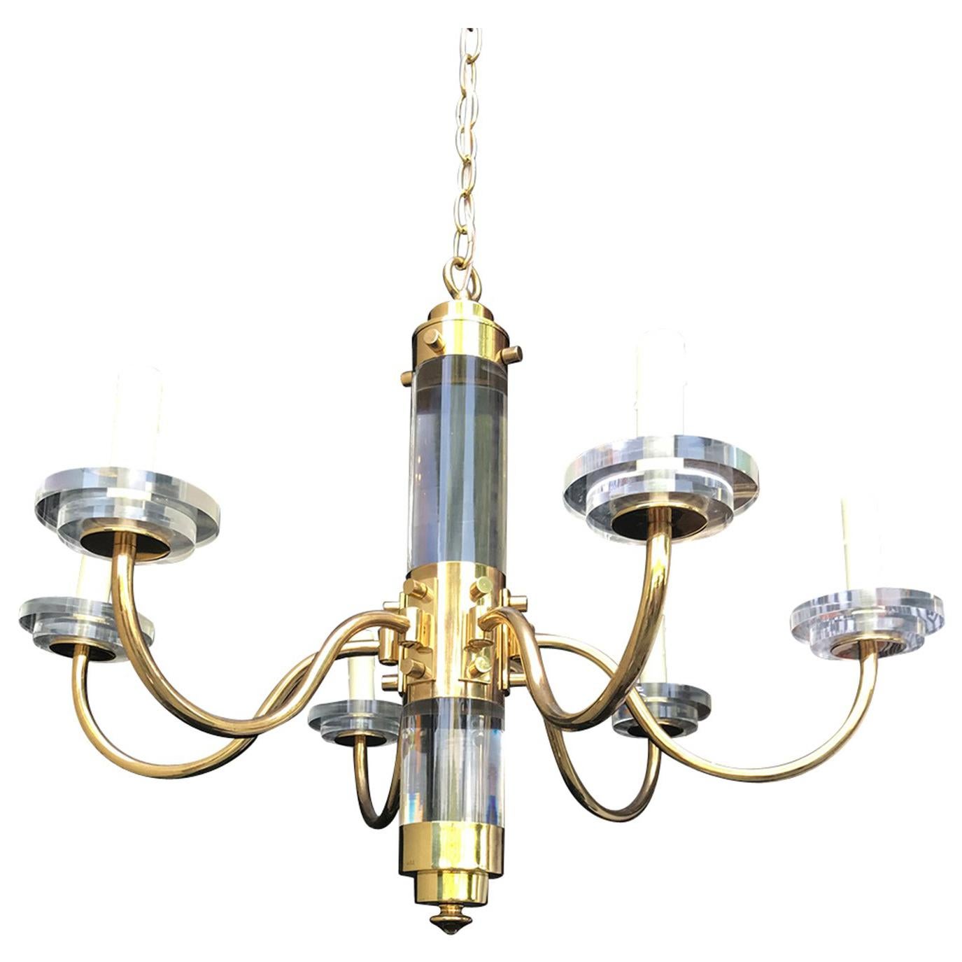 Mid-20th Century Lucite and Brass Chandelier, Signed Fredrick Cooper 