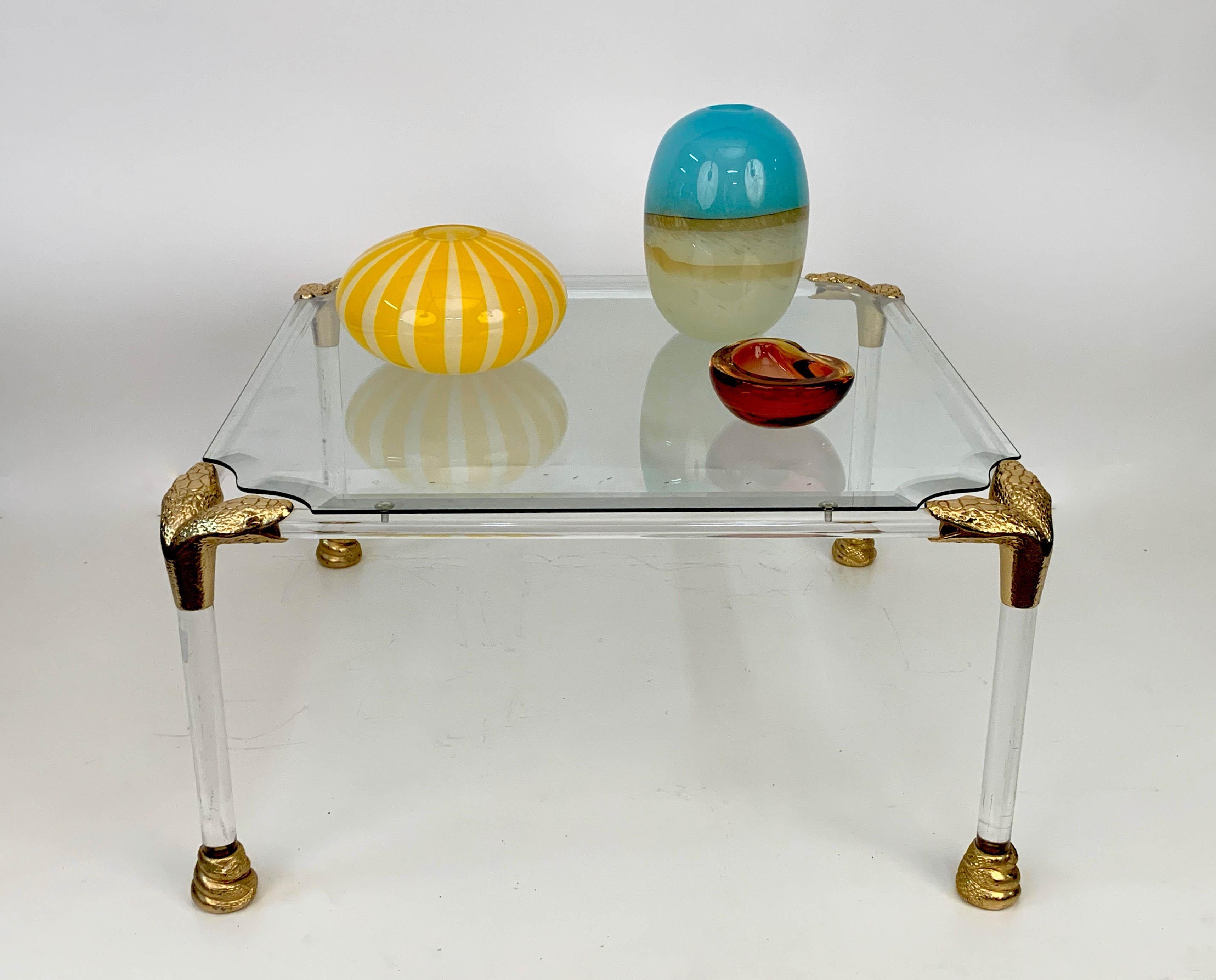 Midcentury Lucite and Brass Italian Coffee Table with Snake Head Details, 1970s For Sale 3