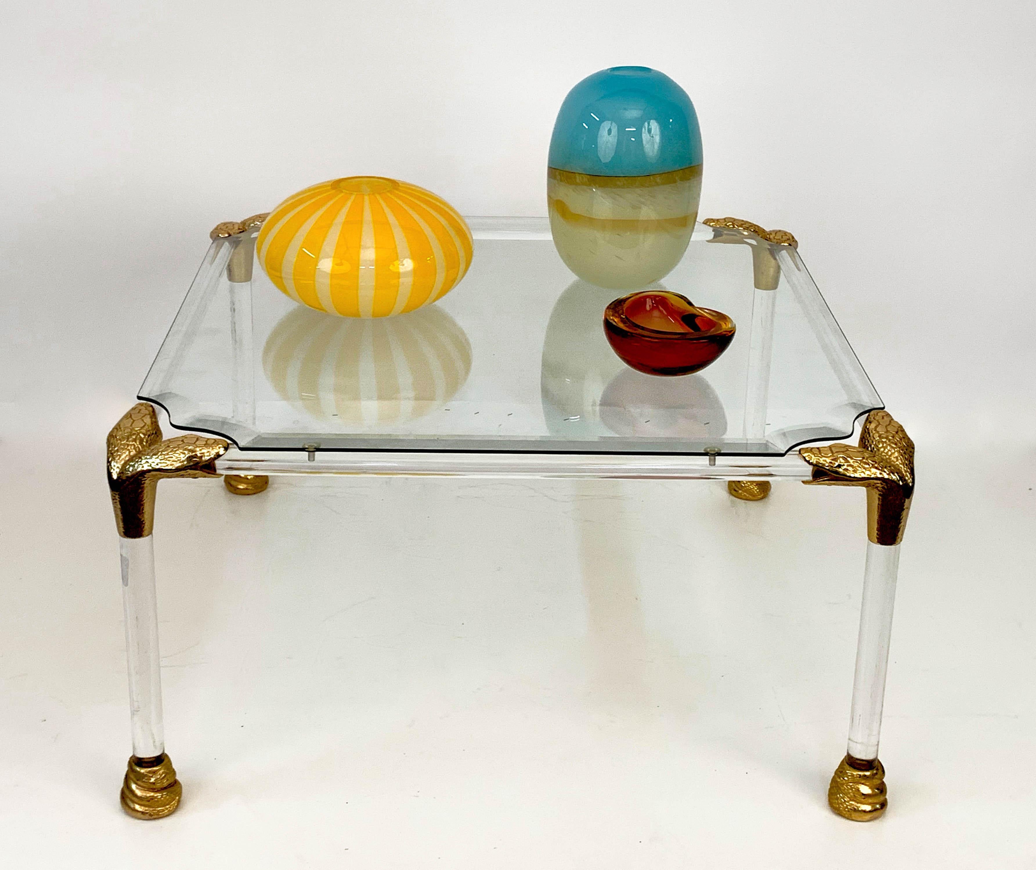 Midcentury Lucite and Brass Italian Coffee Table with Snake Head Details, 1970s For Sale 4