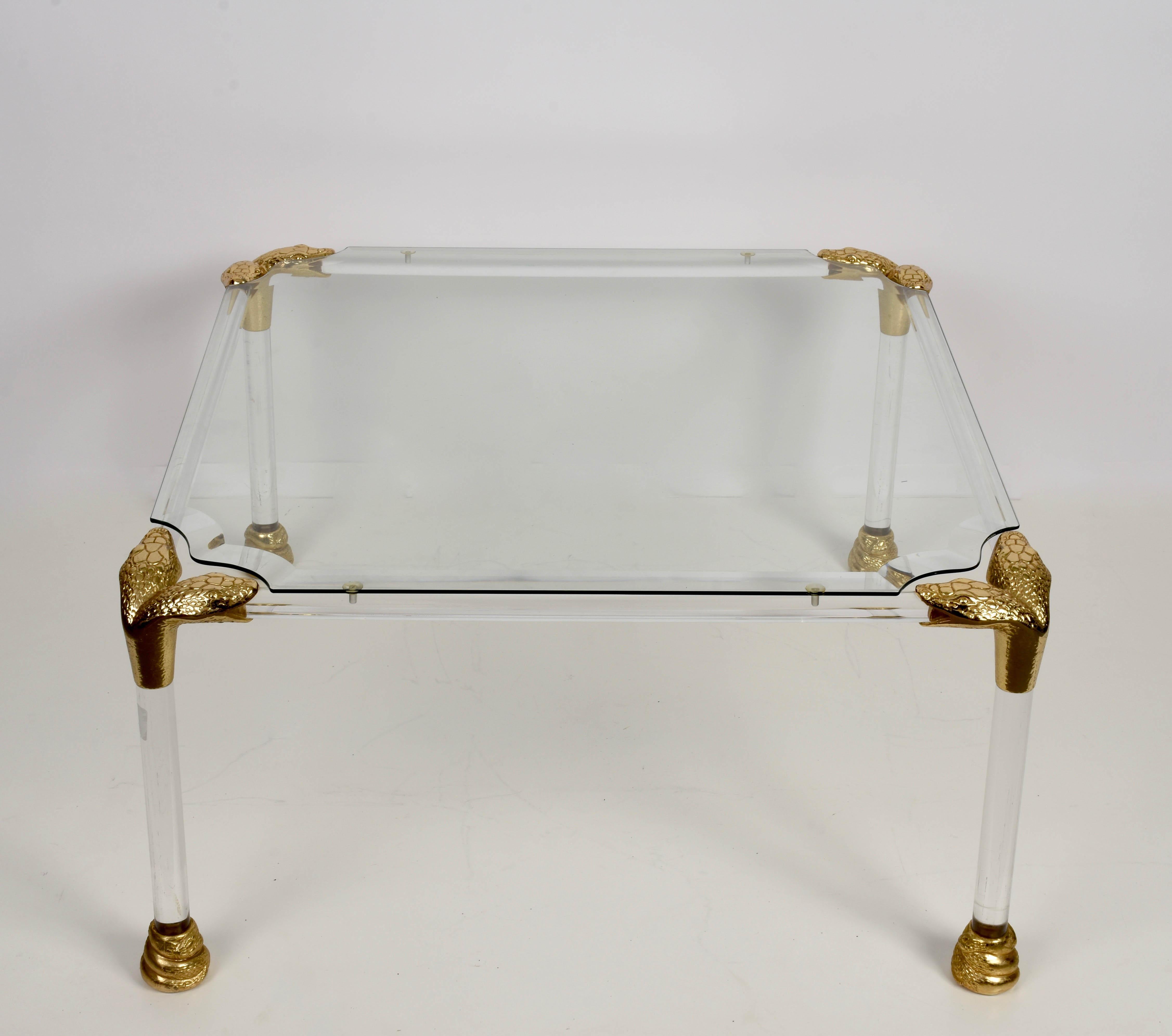 Mid-Century Modern Midcentury Lucite and Brass Italian Coffee Table with Snake Head Details, 1970s For Sale