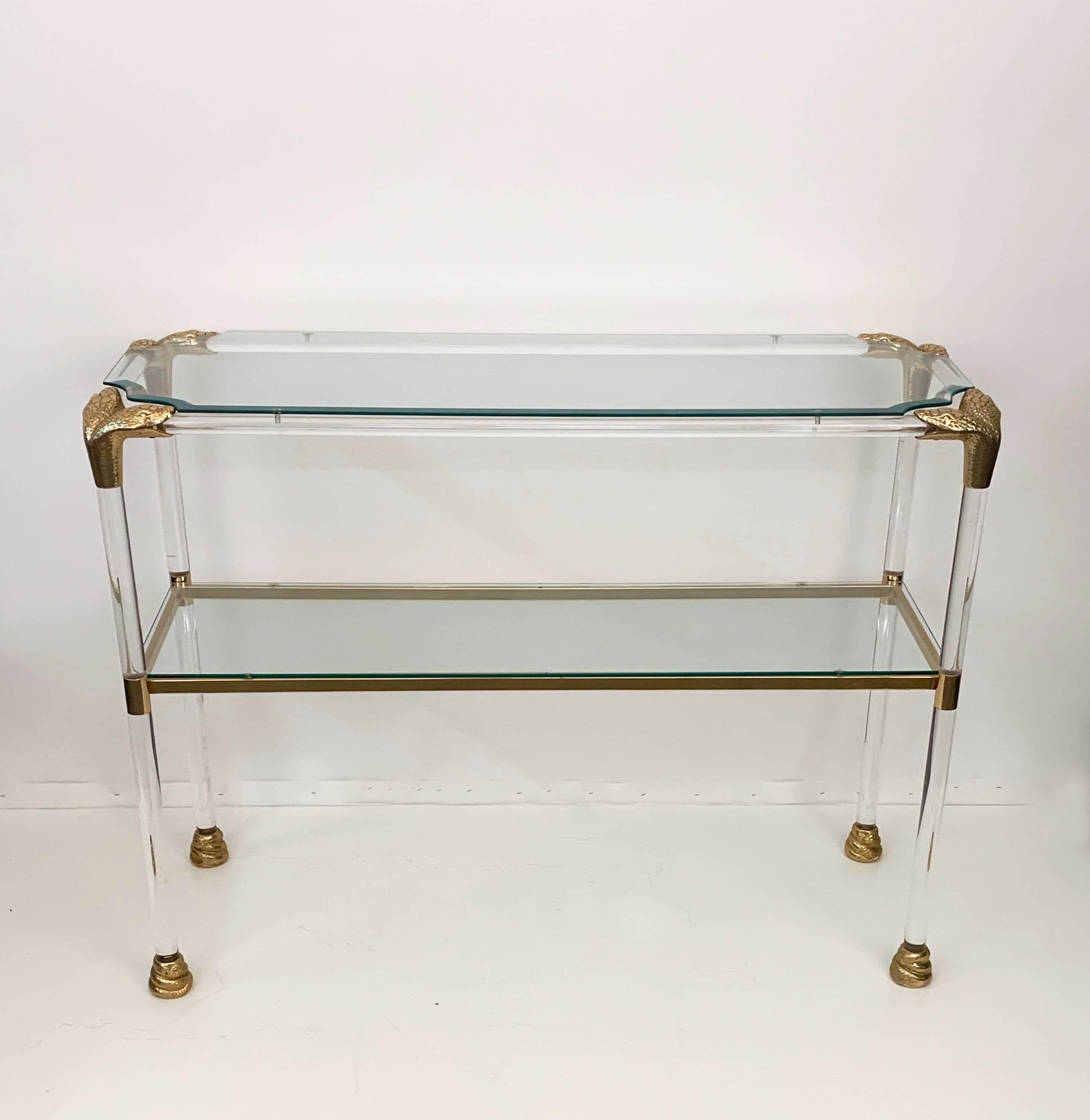Midcentury Lucite and Brass Italian Console Table with Snake Head Finishes 1970s 5