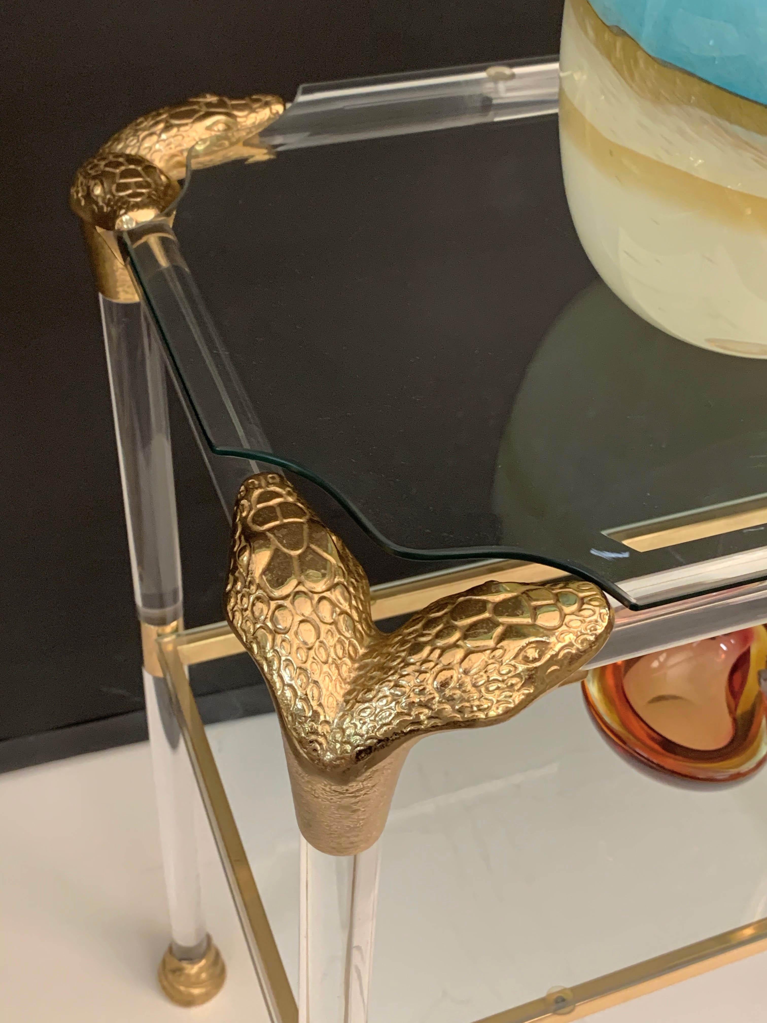 Midcentury Lucite and Brass Italian Console Table with Snake Head Finishes 1970s 6