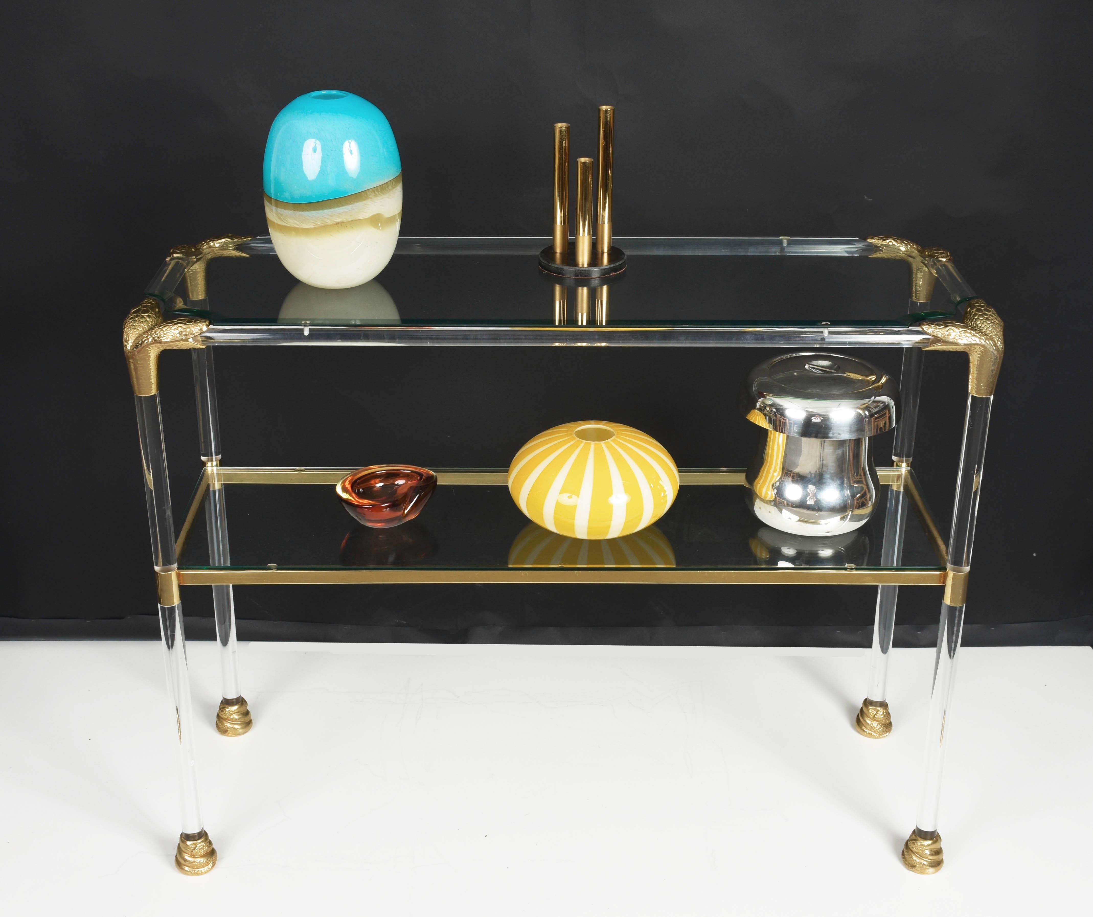 Mid-Century Modern Midcentury Lucite and Brass Italian Console Table with Snake Head Finishes 1970s