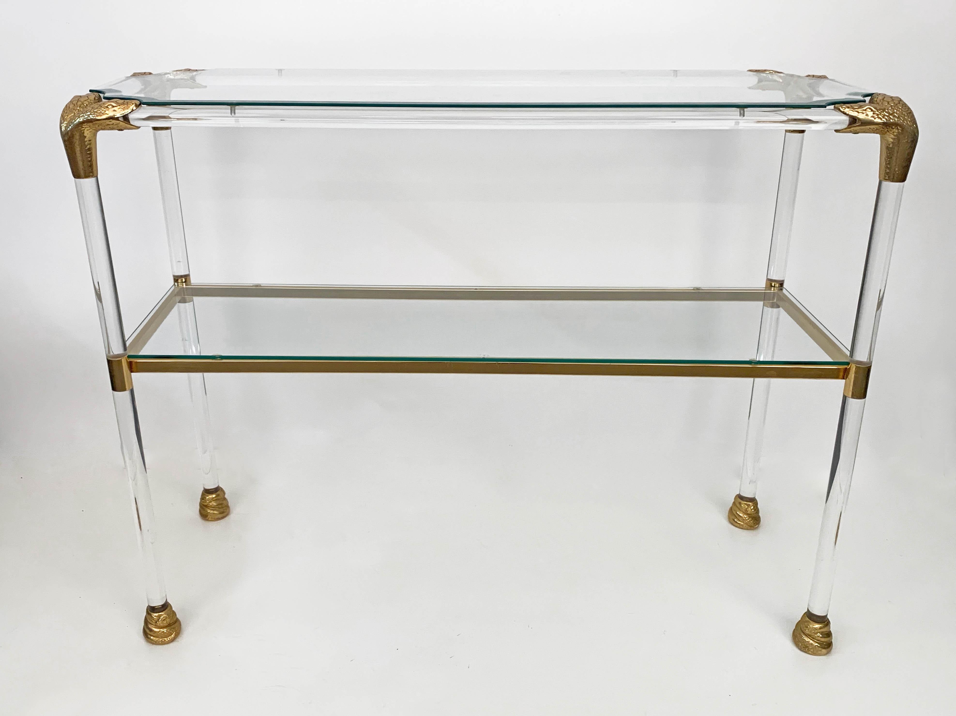 Midcentury Lucite and Brass Italian Console Table with Snake Head Finishes 1970s 1