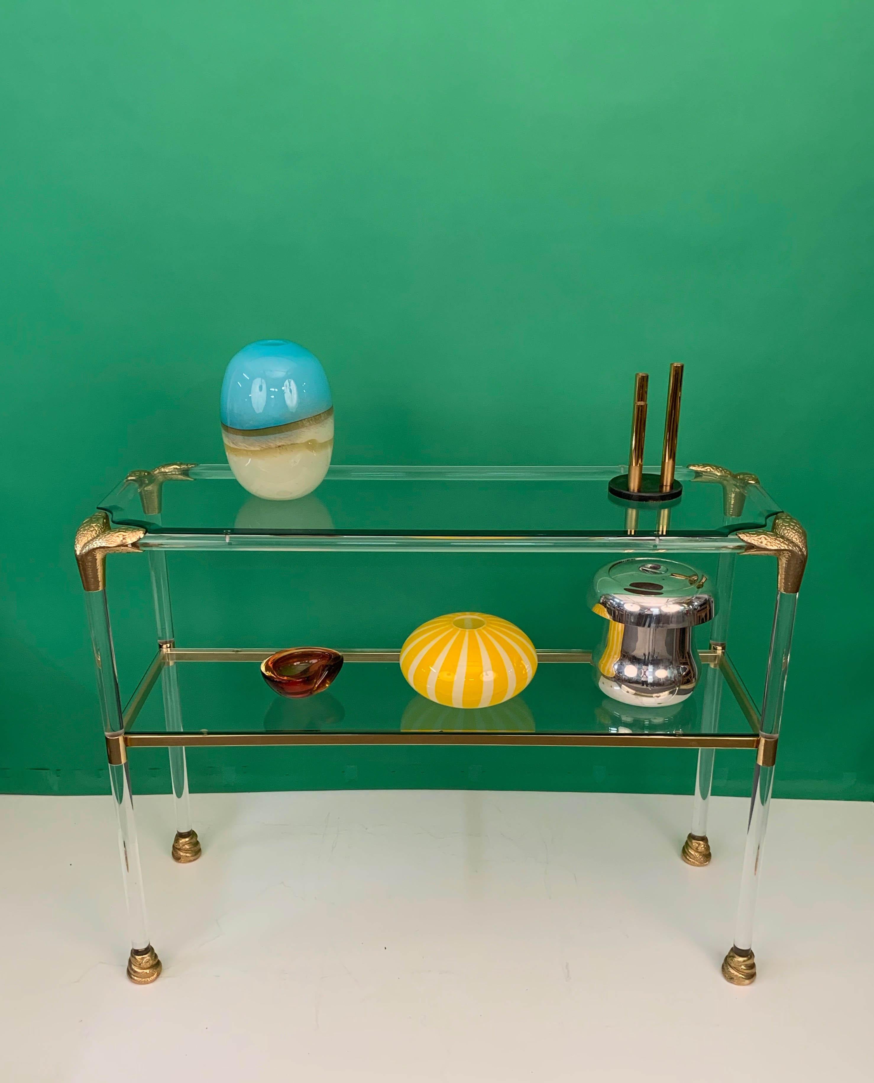 Midcentury Lucite and Brass Italian Console Table with Snake Head Finishes 1970s 2
