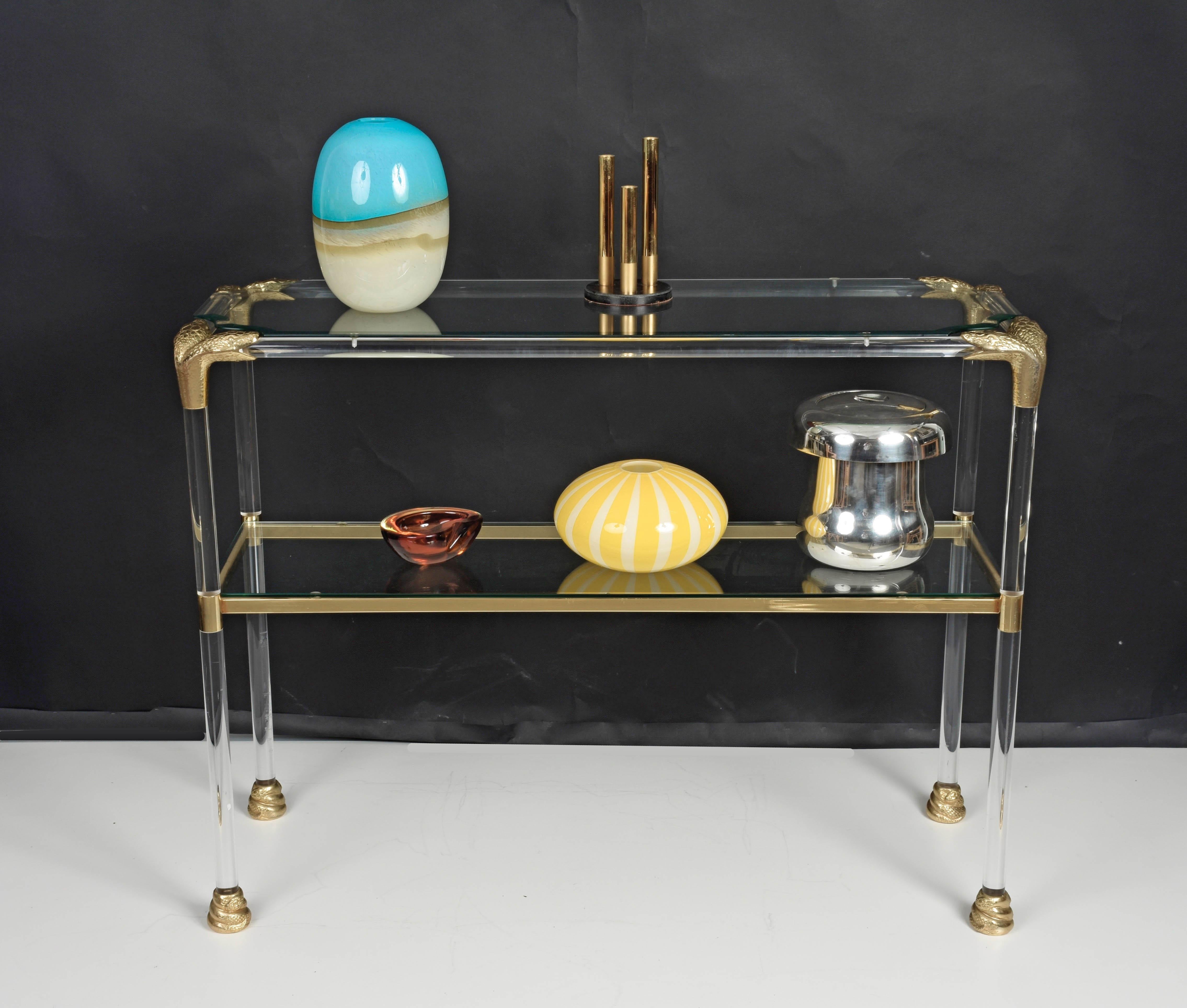 Midcentury Lucite and Brass Italian Console Table with Snake Head Finishes 1970s 3