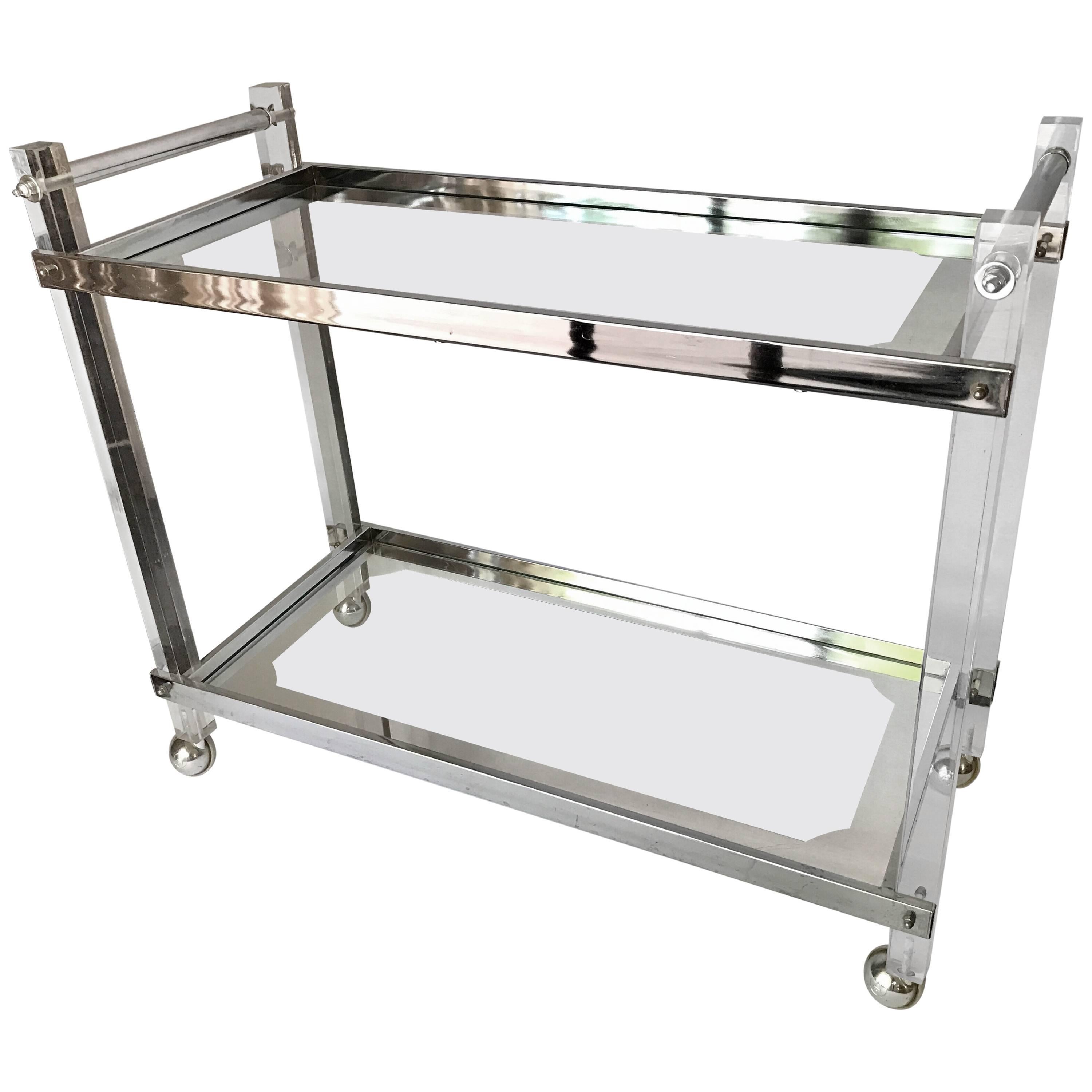 Midcentury Lucite and Chrome Rolling Bar Cart Made in Italy