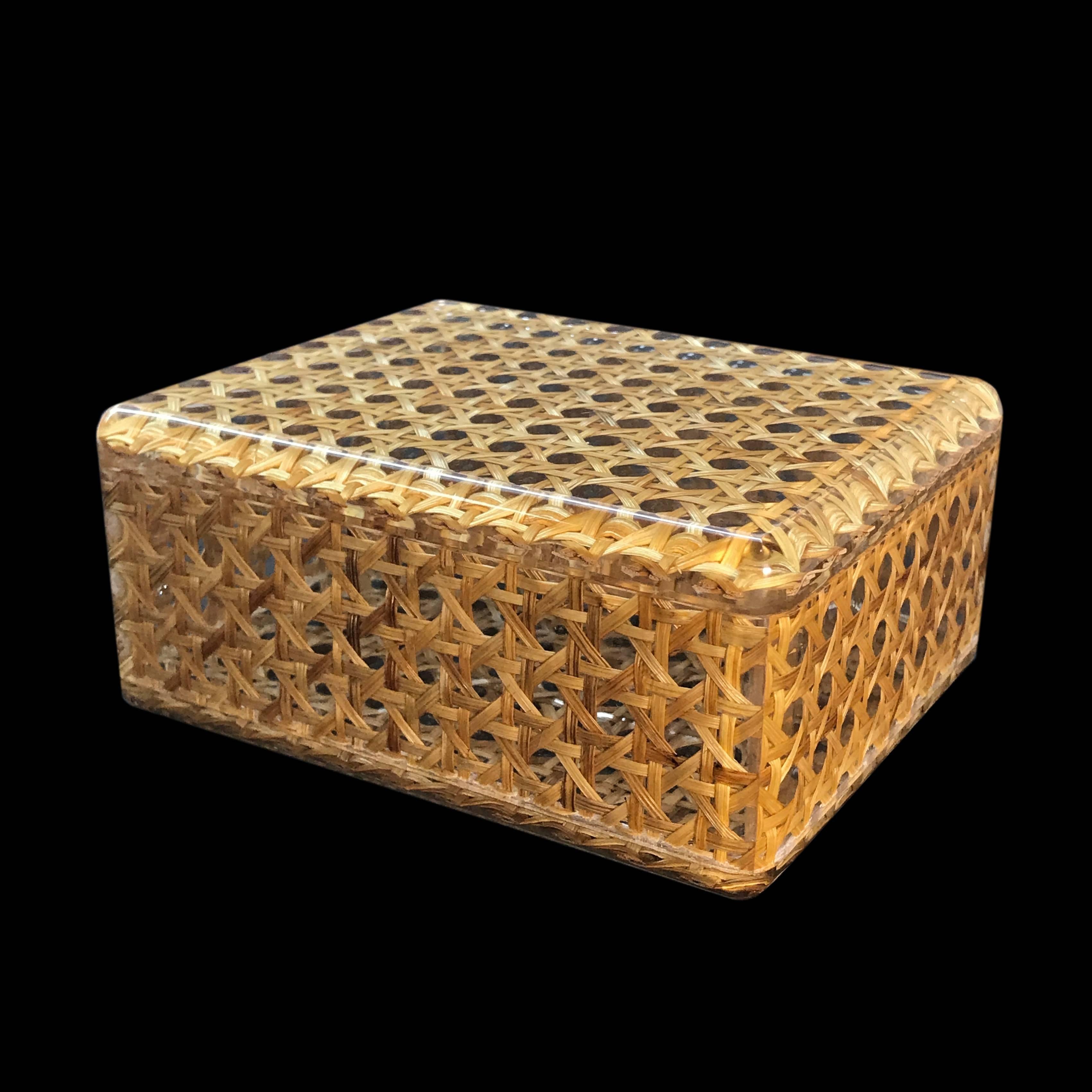 Midcentury Lucite and Vienna Straw Wicker Italian Box 1970s Christian Dior Style 5