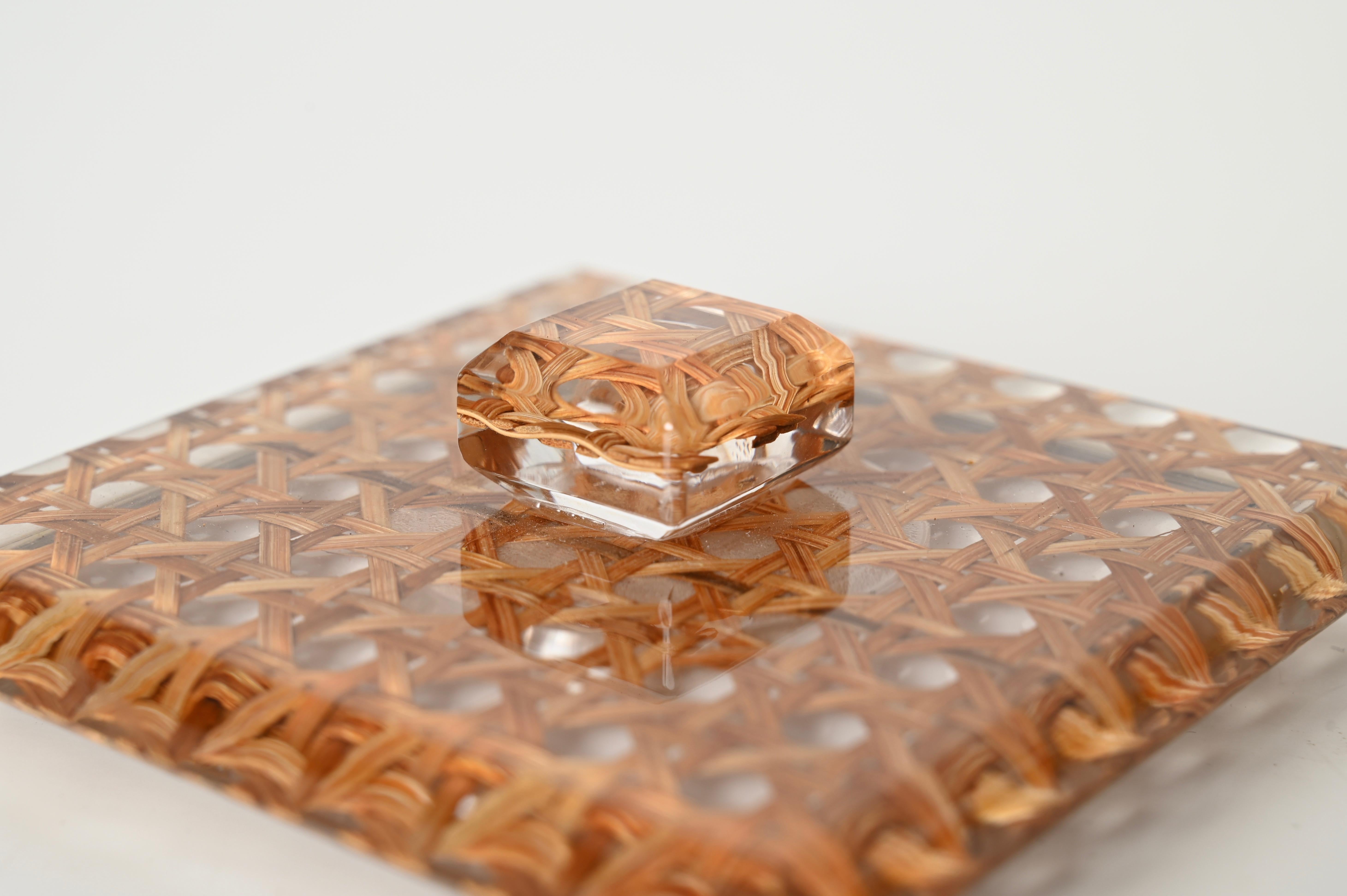Midcentury Lucite and Vienna Straw Wicker Italian Box 1970s Christian Dior Style For Sale 4