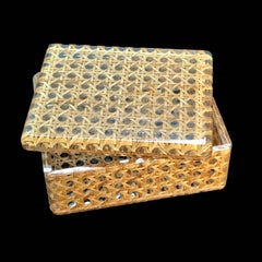 Midcentury Lucite and Vienna Straw Wicker Italian Box 1970s Christian Dior Style