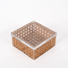 Mid-Century Lucite & Vienna Straw Wicker Italian Box 1970s Christian Dior Style