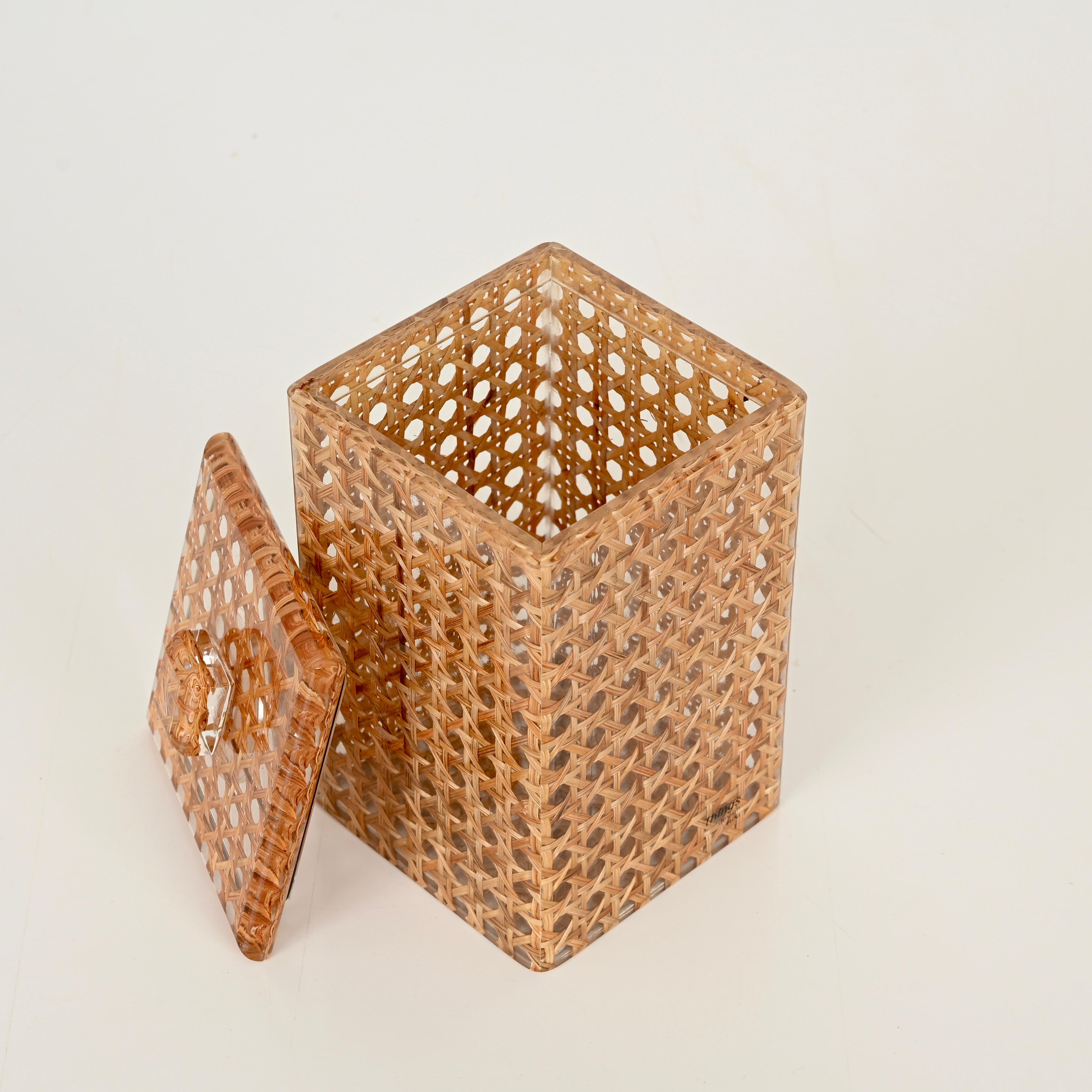 Mid-Century Modern Midcentury Lucite and Vienna Straw Wicker Italian Box 1970s Christian Dior Style For Sale