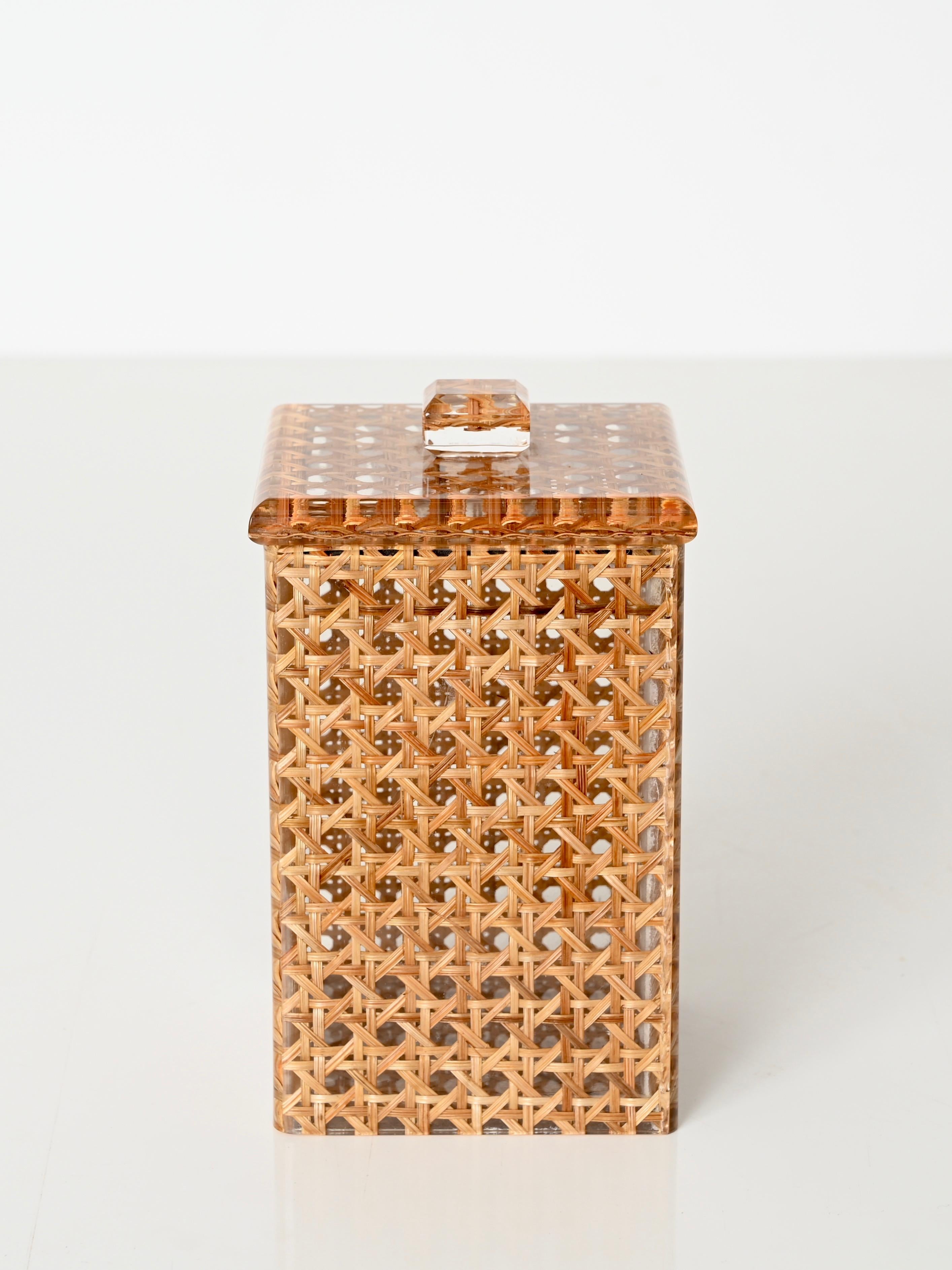 Hand-Crafted Midcentury Lucite and Vienna Straw Wicker Italian Box 1970s Christian Dior Style For Sale