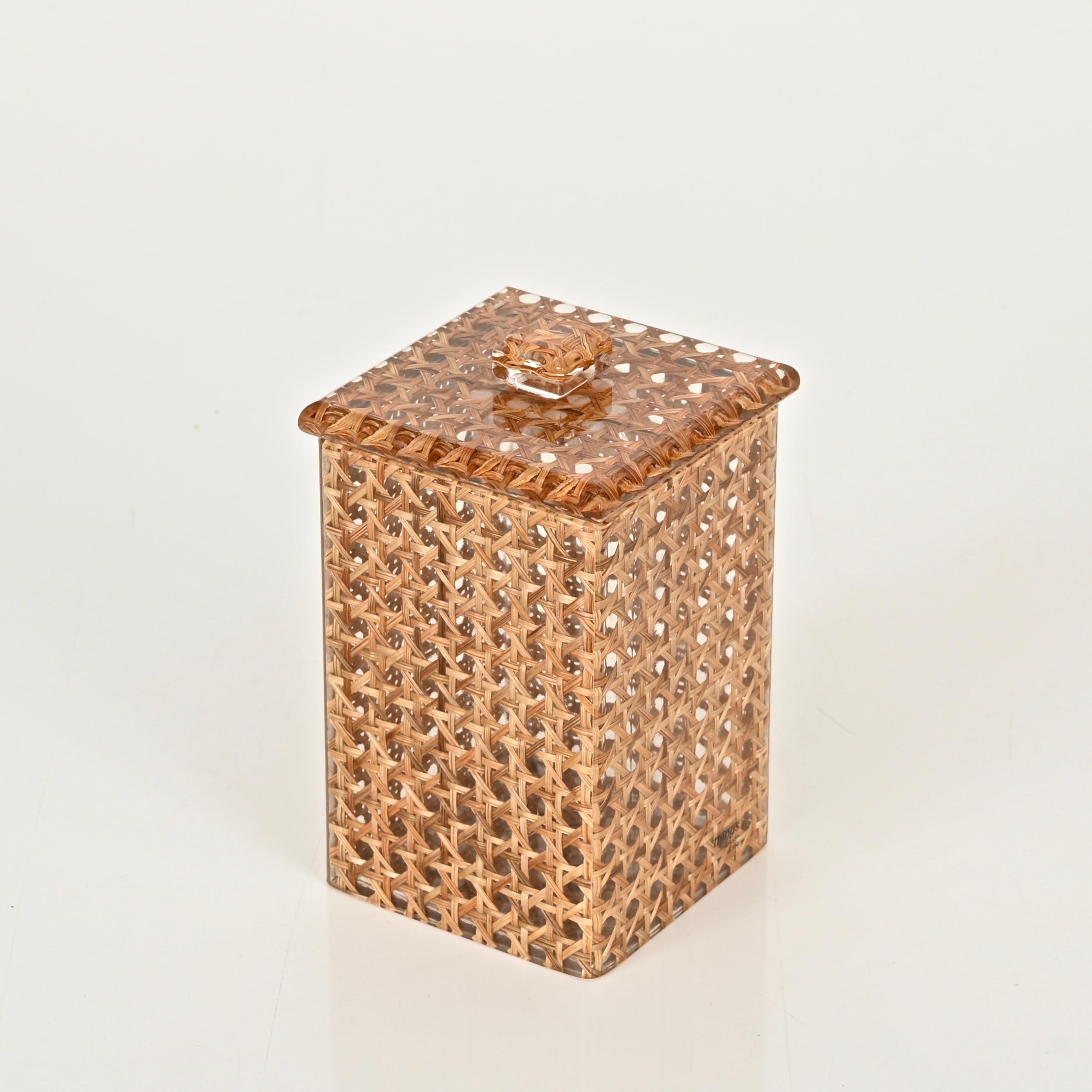 Late 20th Century Midcentury Lucite and Vienna Straw Wicker Italian Box 1970s Christian Dior Style For Sale