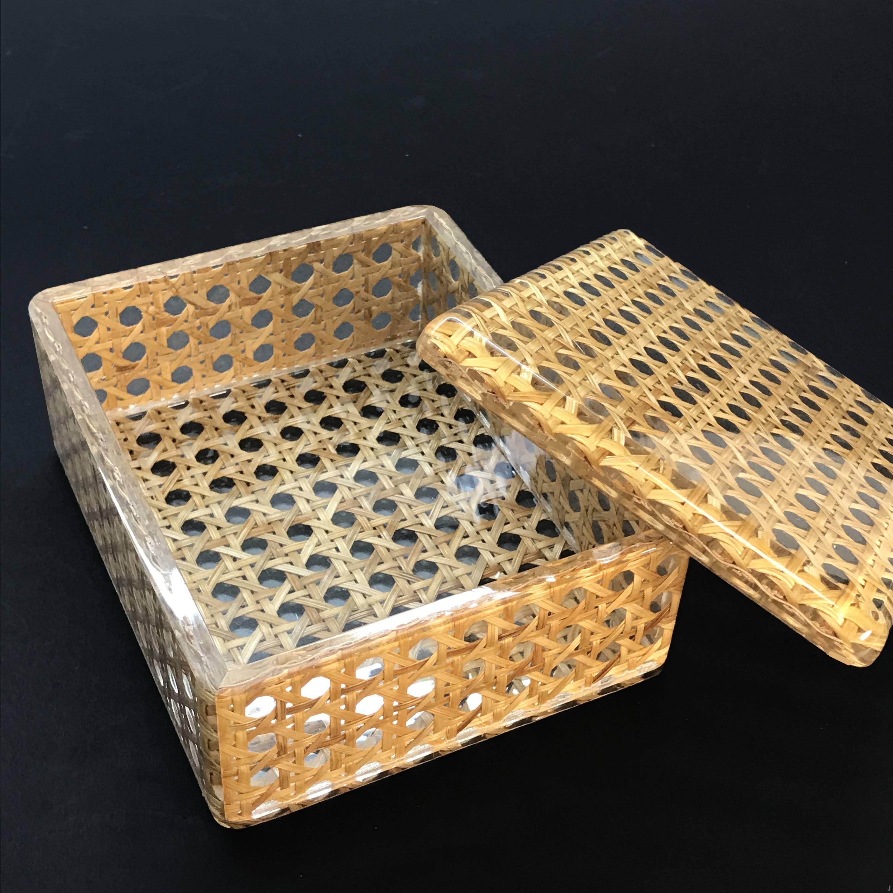 Midcentury Lucite and Vienna Straw Wicker Italian Box 1970s Christian Dior Style 2