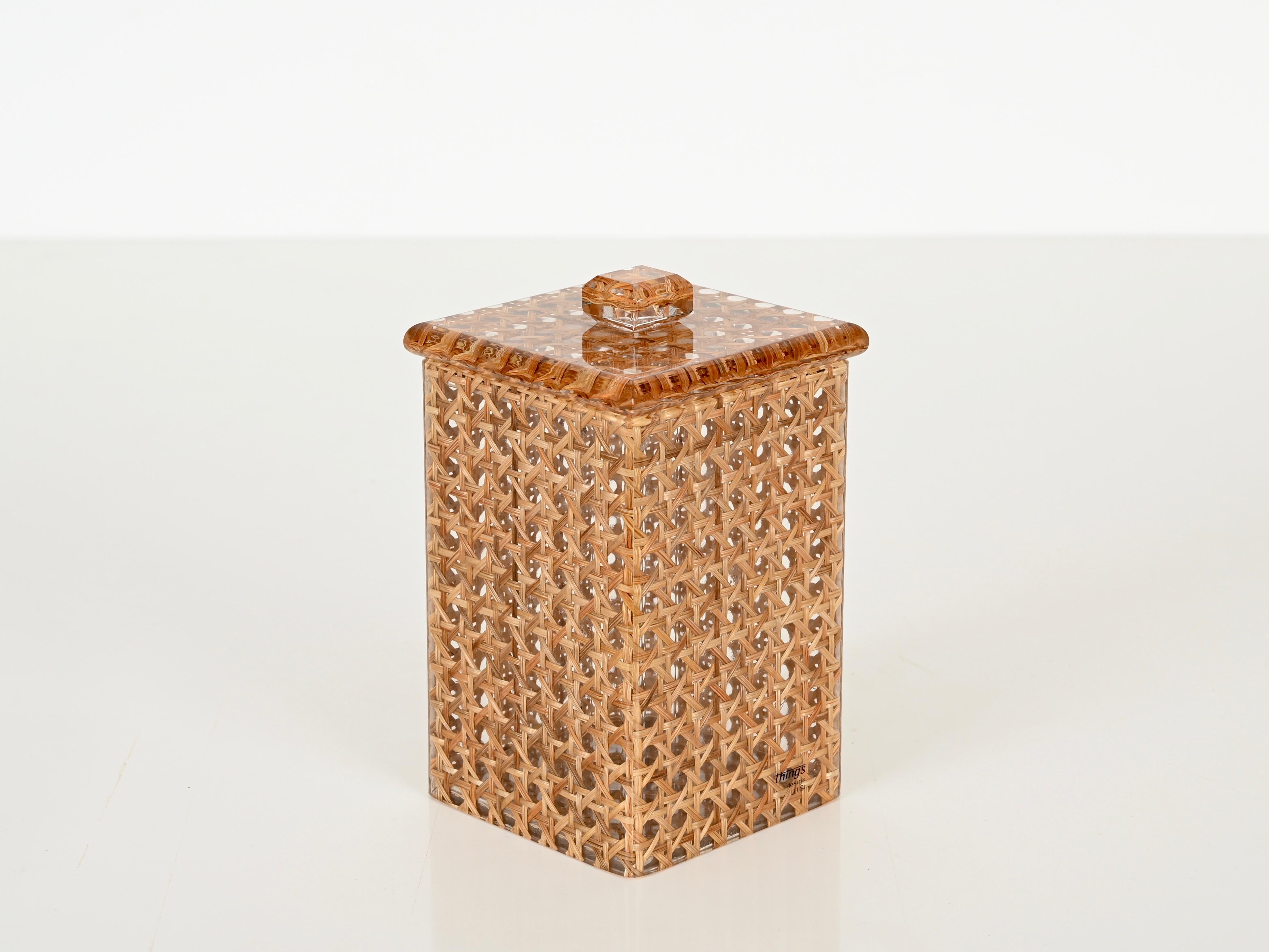 Midcentury Lucite and Vienna Straw Wicker Italian Box 1970s Christian Dior Style For Sale 1
