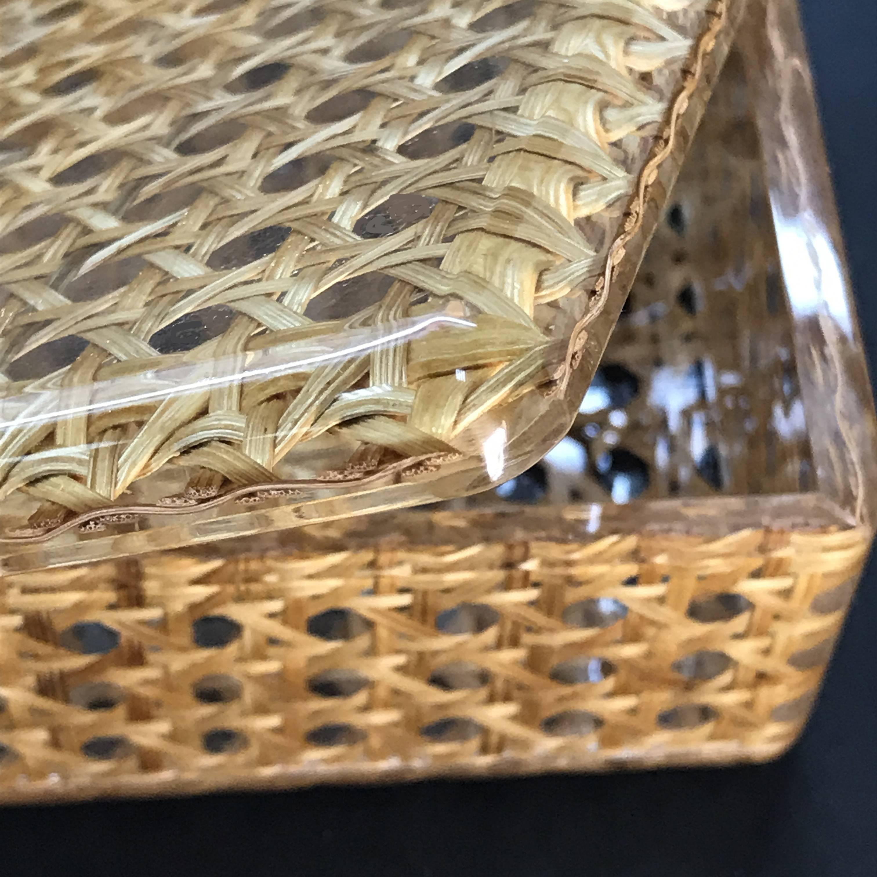 Midcentury Lucite and Vienna Straw Wicker Italian Box 1970s Christian Dior Style 3