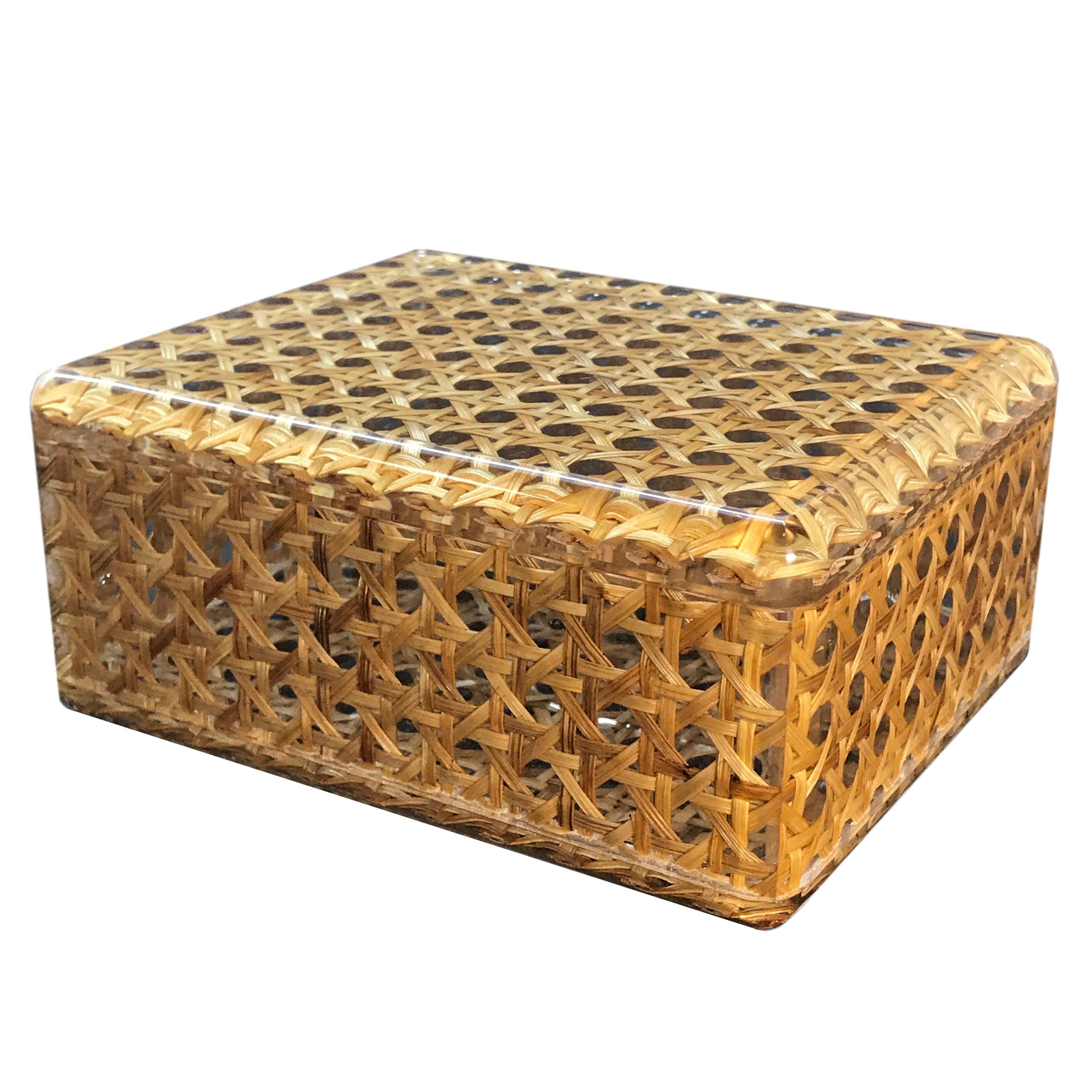 Midcentury Lucite and Vienna Straw Wicker Italian Box 1970s Christian Dior Style