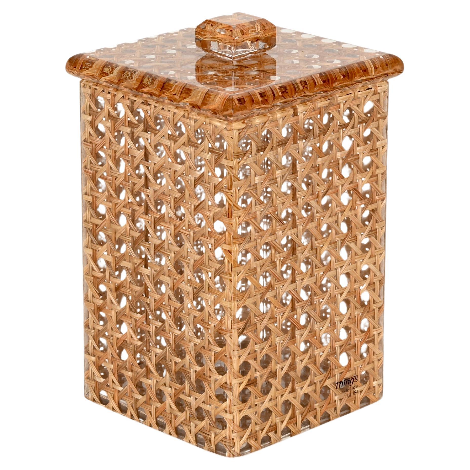 Midcentury Lucite and Vienna Straw Wicker Italian Box 1970s Christian Dior Style