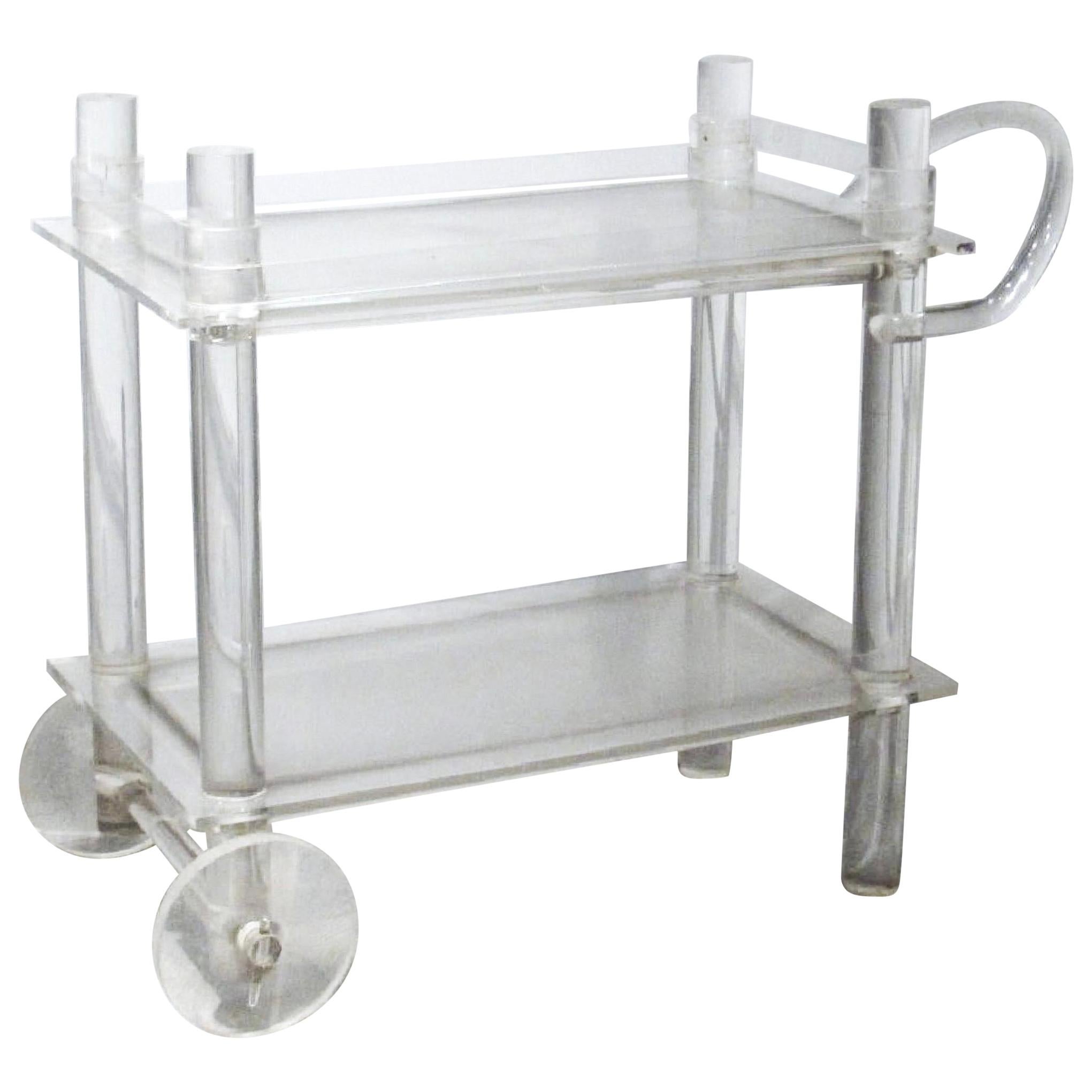 Midcentury Lucite Bar Cart, Removable Gallery, Lucite Wheels, Acrylic Sculpture