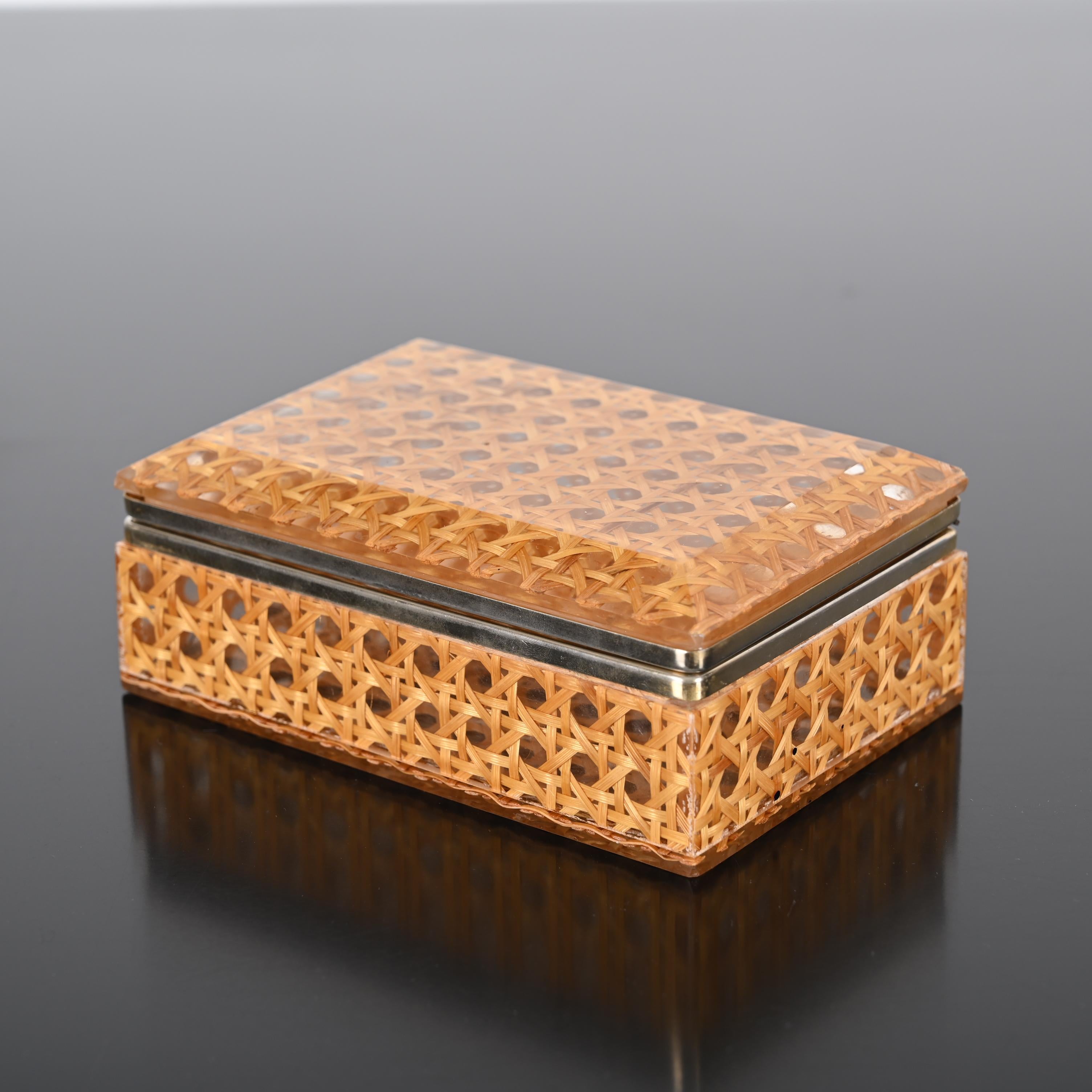 Late 20th Century Midcentury Lucite, Brass and Vienna Straw Box, Christian Dior Style, Italy 1970s For Sale