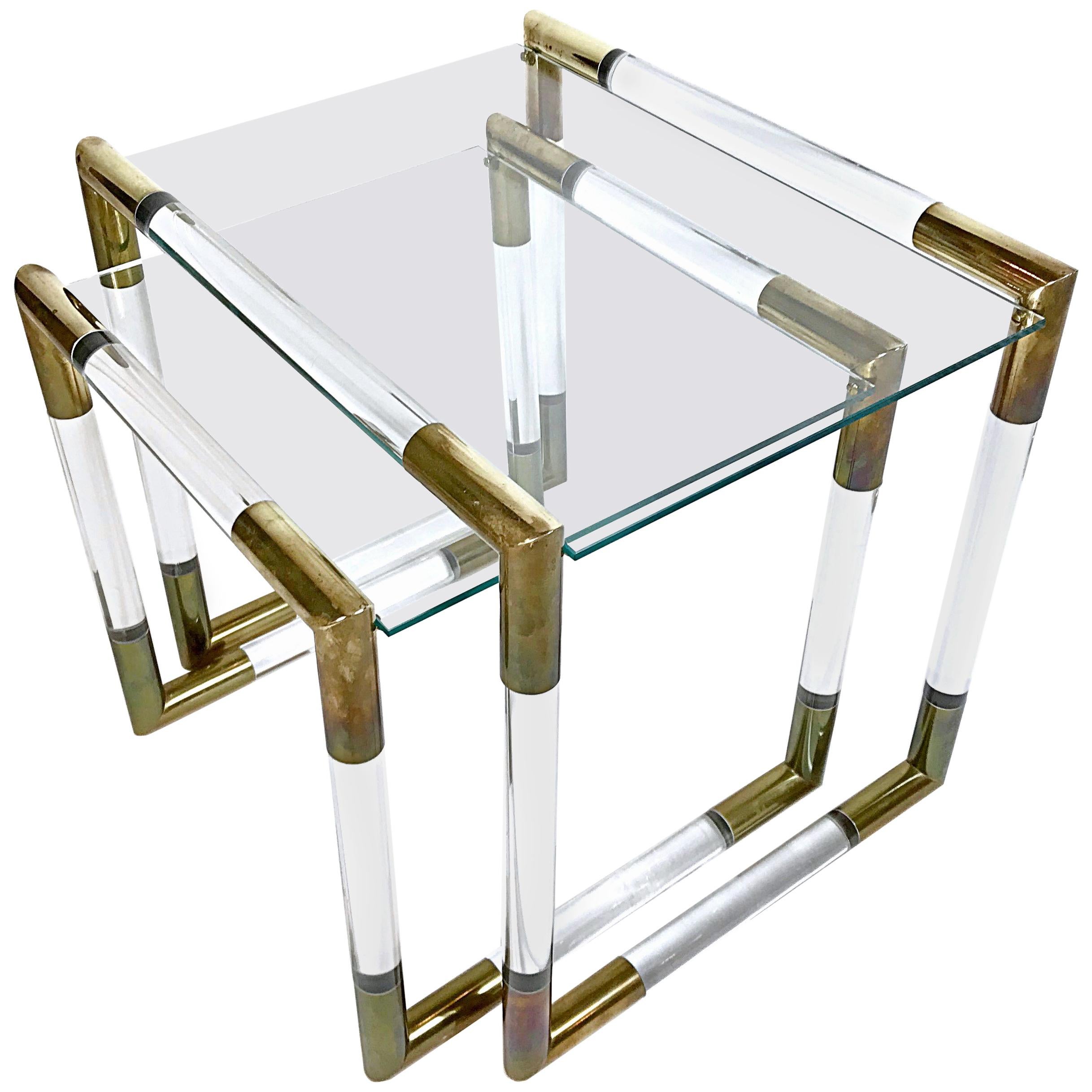 Midcentury Lucite & Brass Nesting Tables by Charles Hollis Jones, 1970s, USA