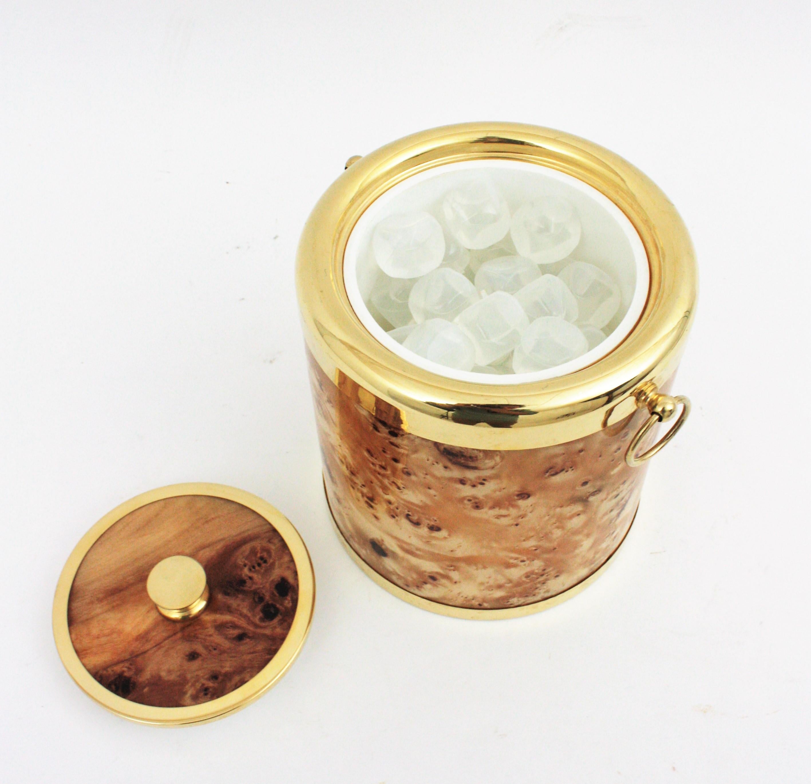 Midcentury Lucite Burl Wood and Brass Italian Ice Bucket, 1960s For Sale 9