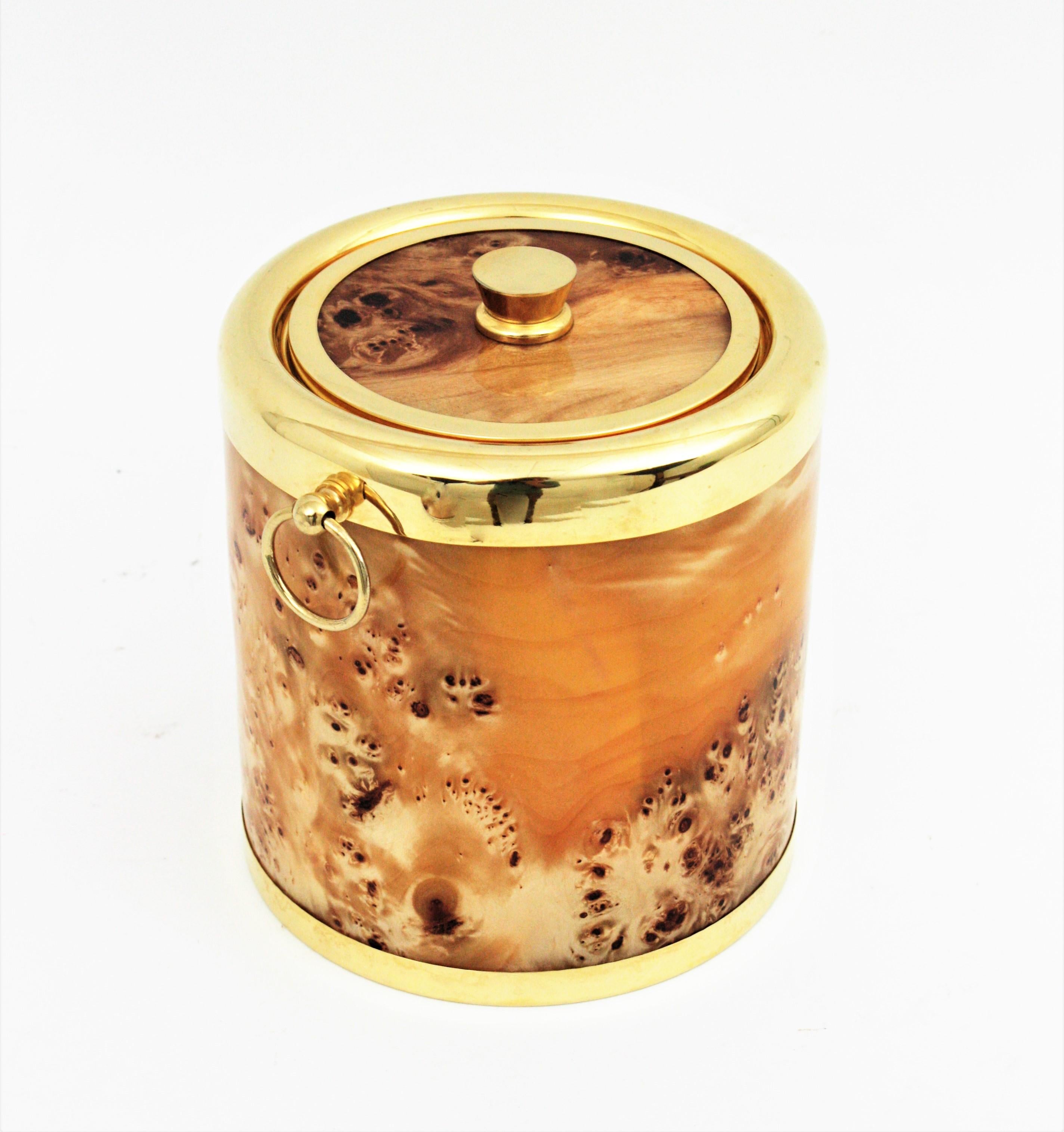 Midcentury Lucite Burl Wood and Brass Italian Ice Bucket, 1960s In Good Condition For Sale In Barcelona, ES