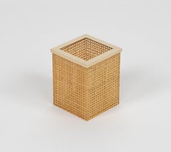 Midcentury Lucite, Rattan & Brass Pen Holder Christian Dior Style, Italy 1970s