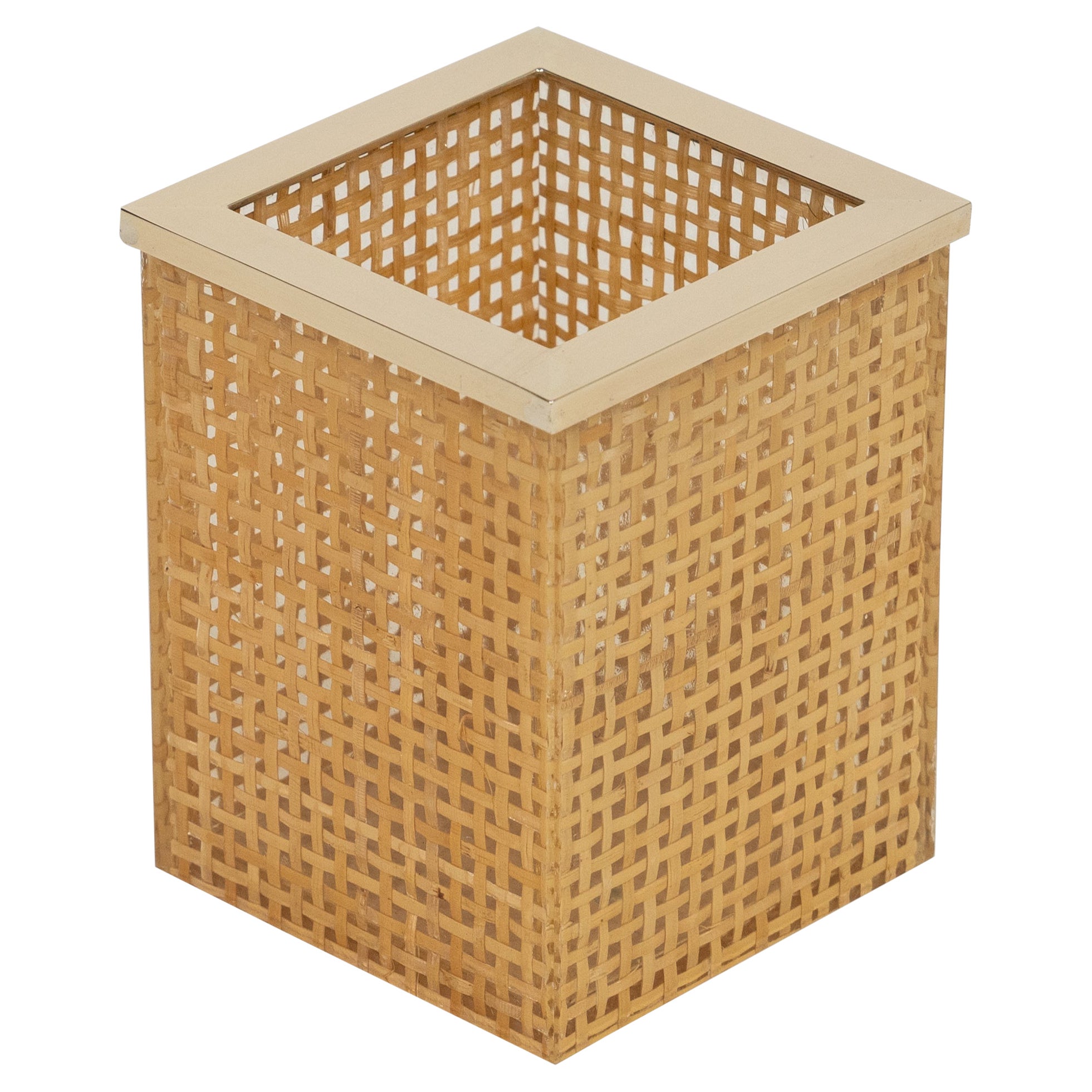 Stifthalter aus der Mitte des Jahrhunderts aus Lucit, Rattan und Messing im Stil von Christian Dior, Italien 1970er
