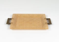 Midcentury Lucite, Rattan & Brass Serving Tray Christian Dior Style, Italy 1970s